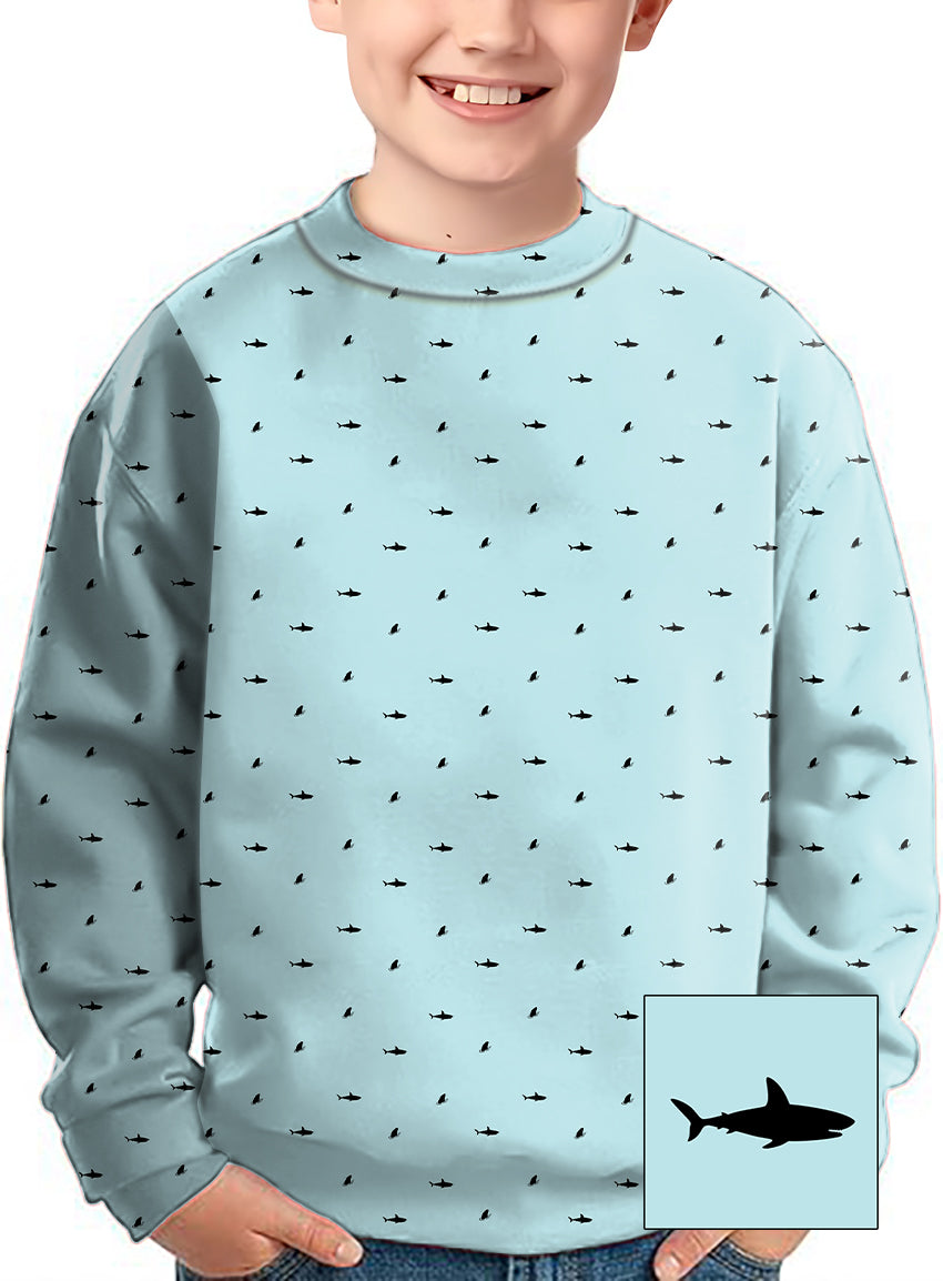 Kids light blue crewneck pullover with black shark pattern and custom design options