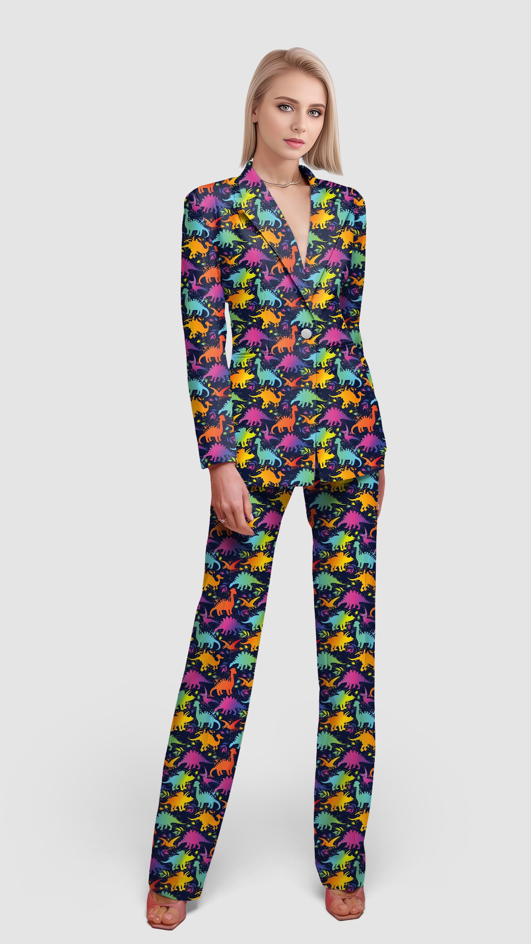 Women's Dinosaur Party blazer suit with colorful dinosaur print, casual work office style, slim fit design.