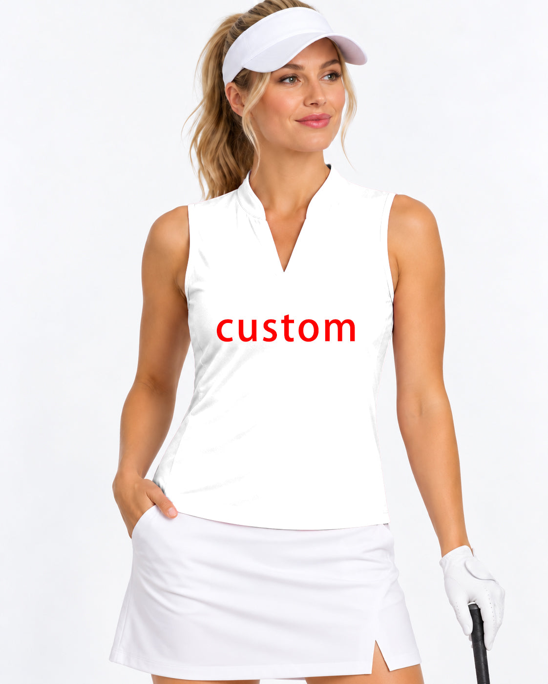 Custom Own Logo Women's V Notch Mock Neck Sleeveless Golf Athletic Blouse