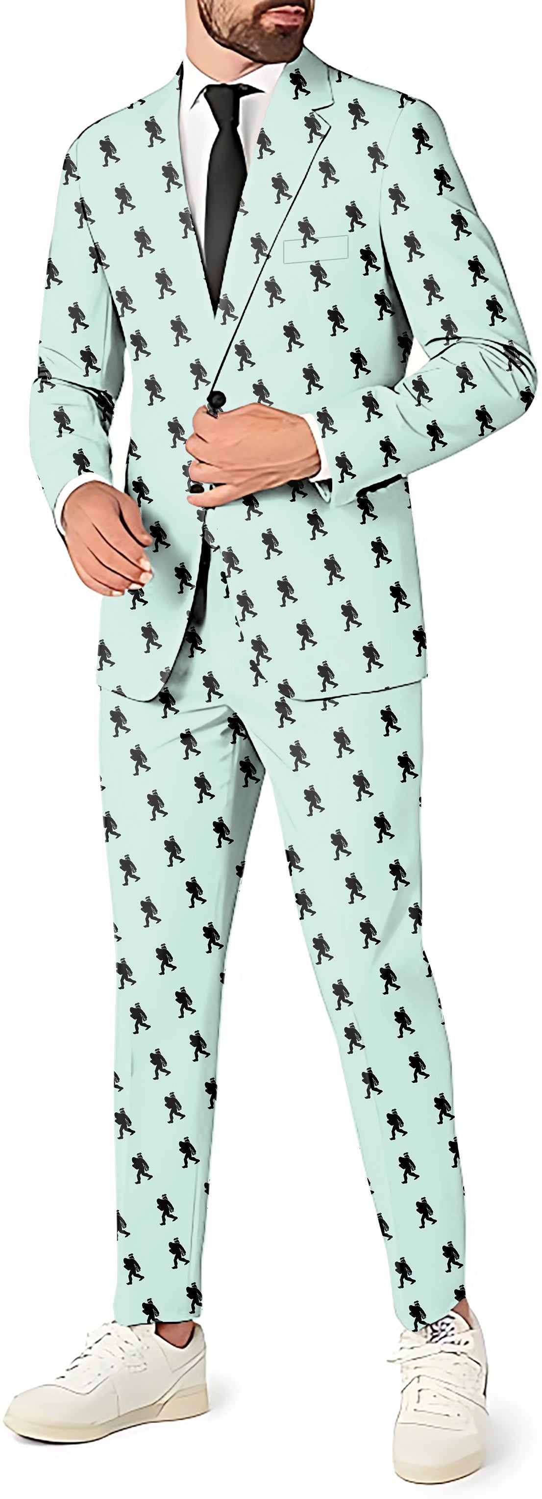 Bigfoot men's party costume suit with blazer, pants, and vest featuring Bigfoot print