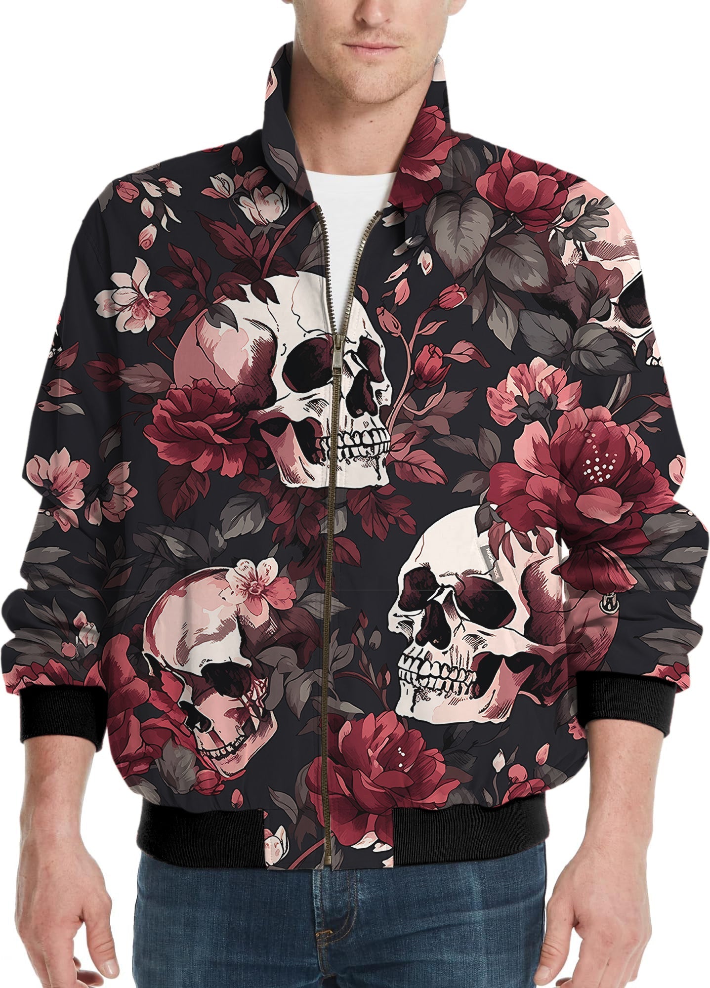 Men's golf windbreaker jacket with Halloween floral skull design and dark floral pattern