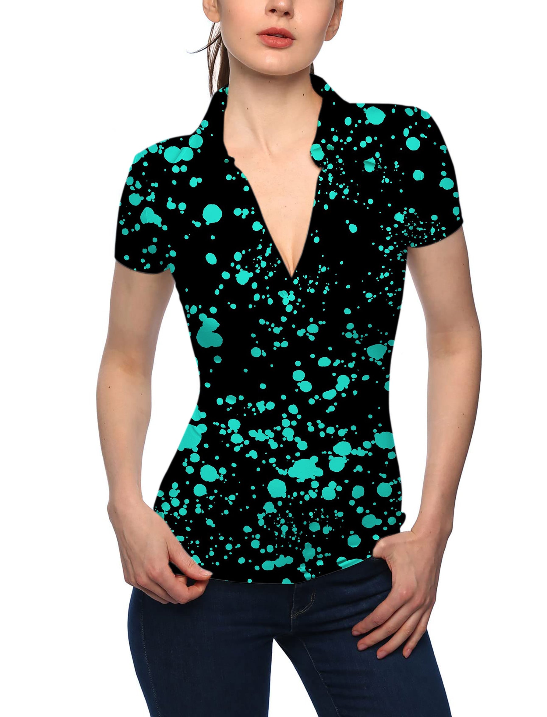 Women's Lake Blue spot V Neck Golf Polo