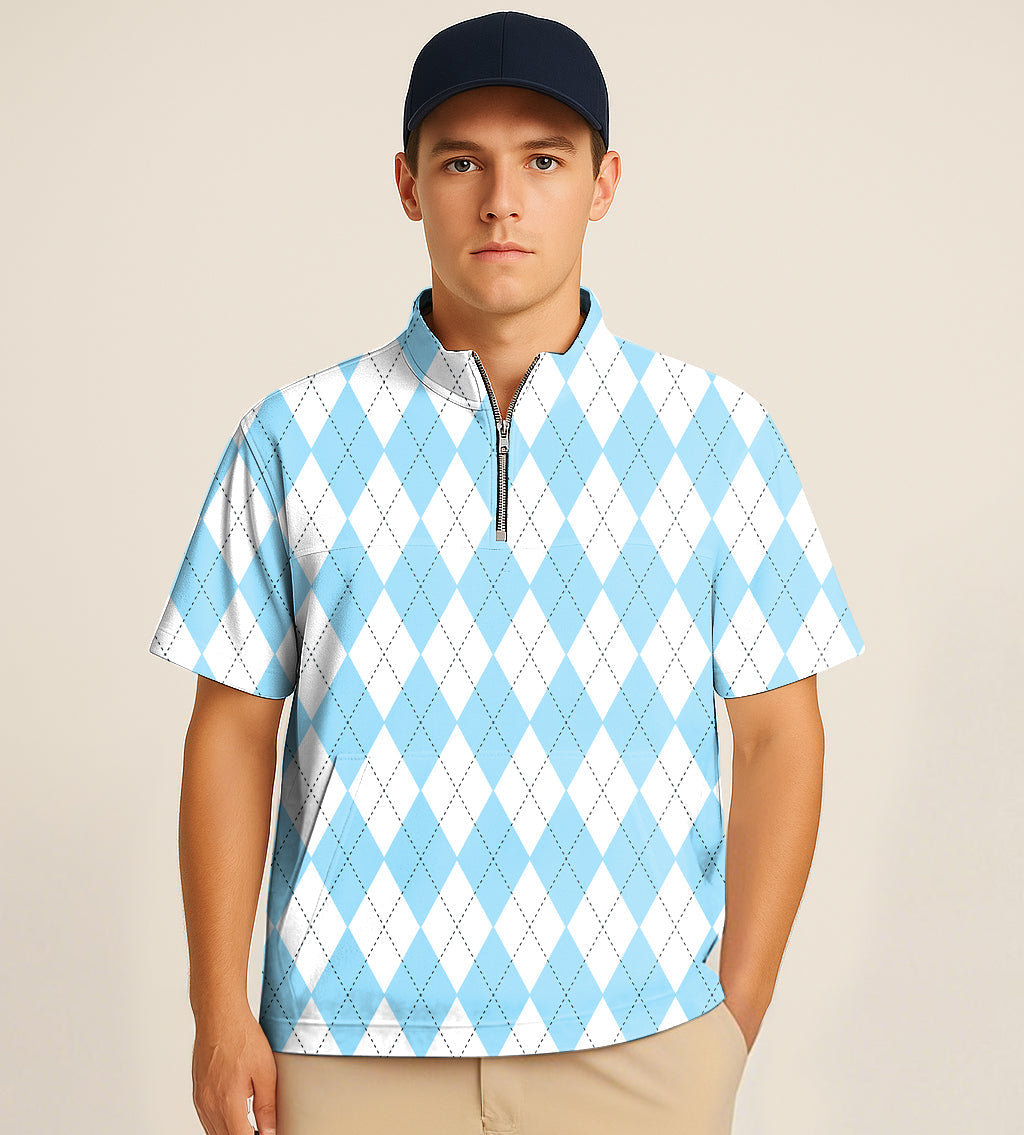 Man wearing blue and white argyle half zipper turtleneck golf short sleeve shirt with cap