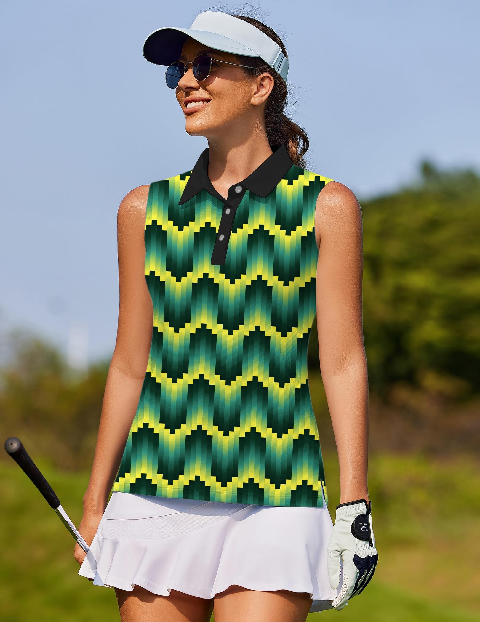 Woman wearing Green Ripples sleeveless custom golf team shirt with collar playing golf outdoors