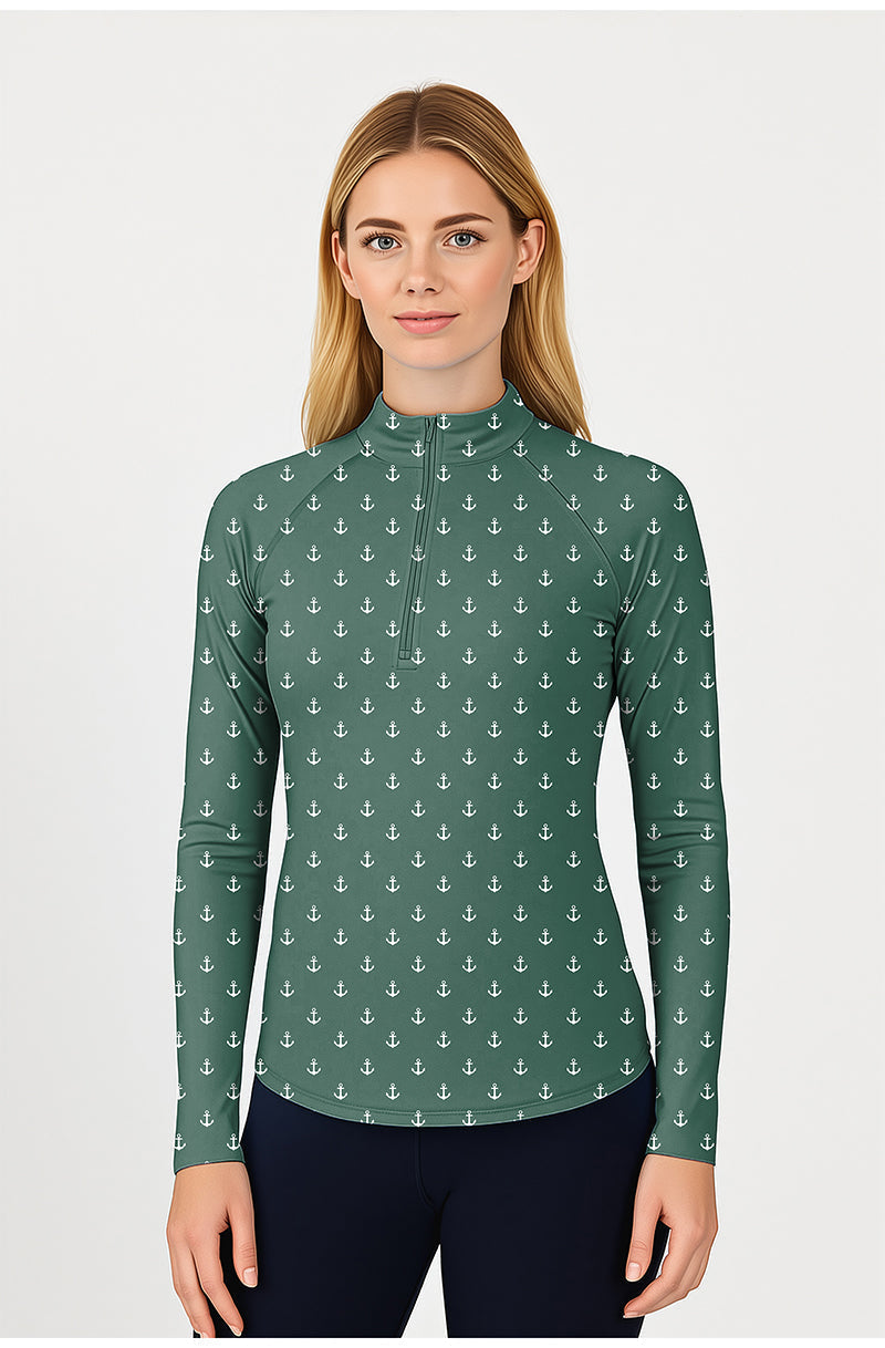 Green Anchor Women's 3/4 zip golf top with anchor print, long sleeves, mock collar, and UPF50+ fabric