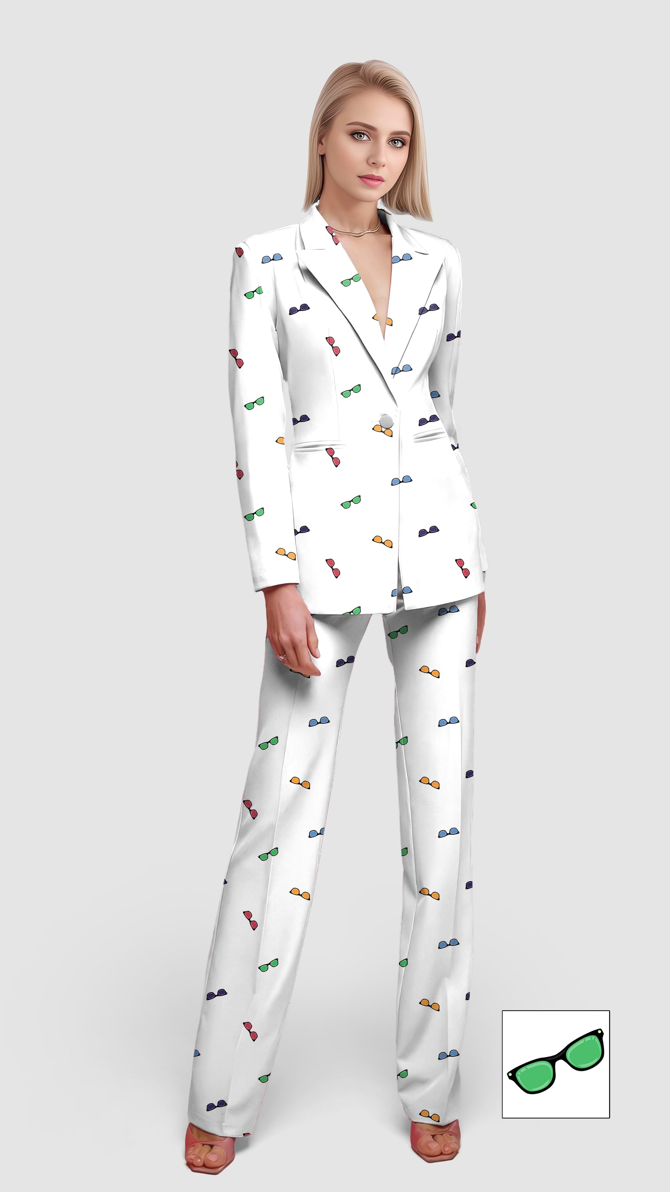 Women's white blazer suit set with colorful sunglass custom print, casual work office style
