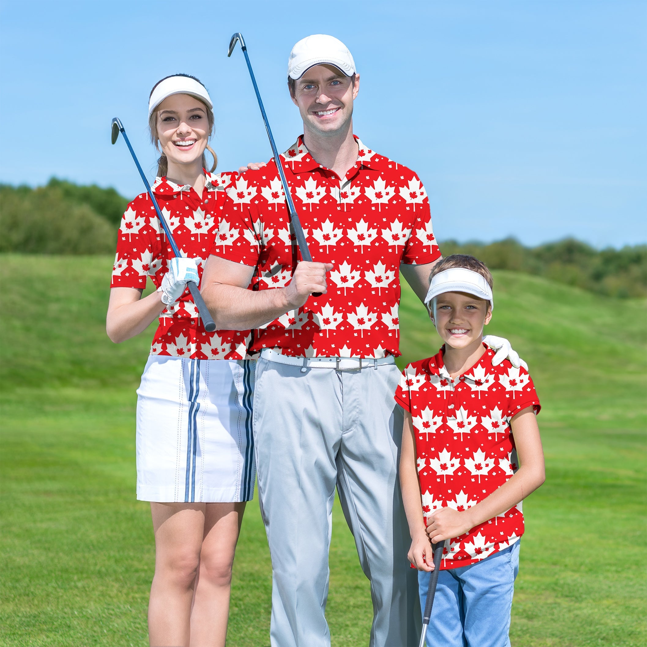 Family Canadian Maple Leaf set golf shirts worn by smiling family on golf course