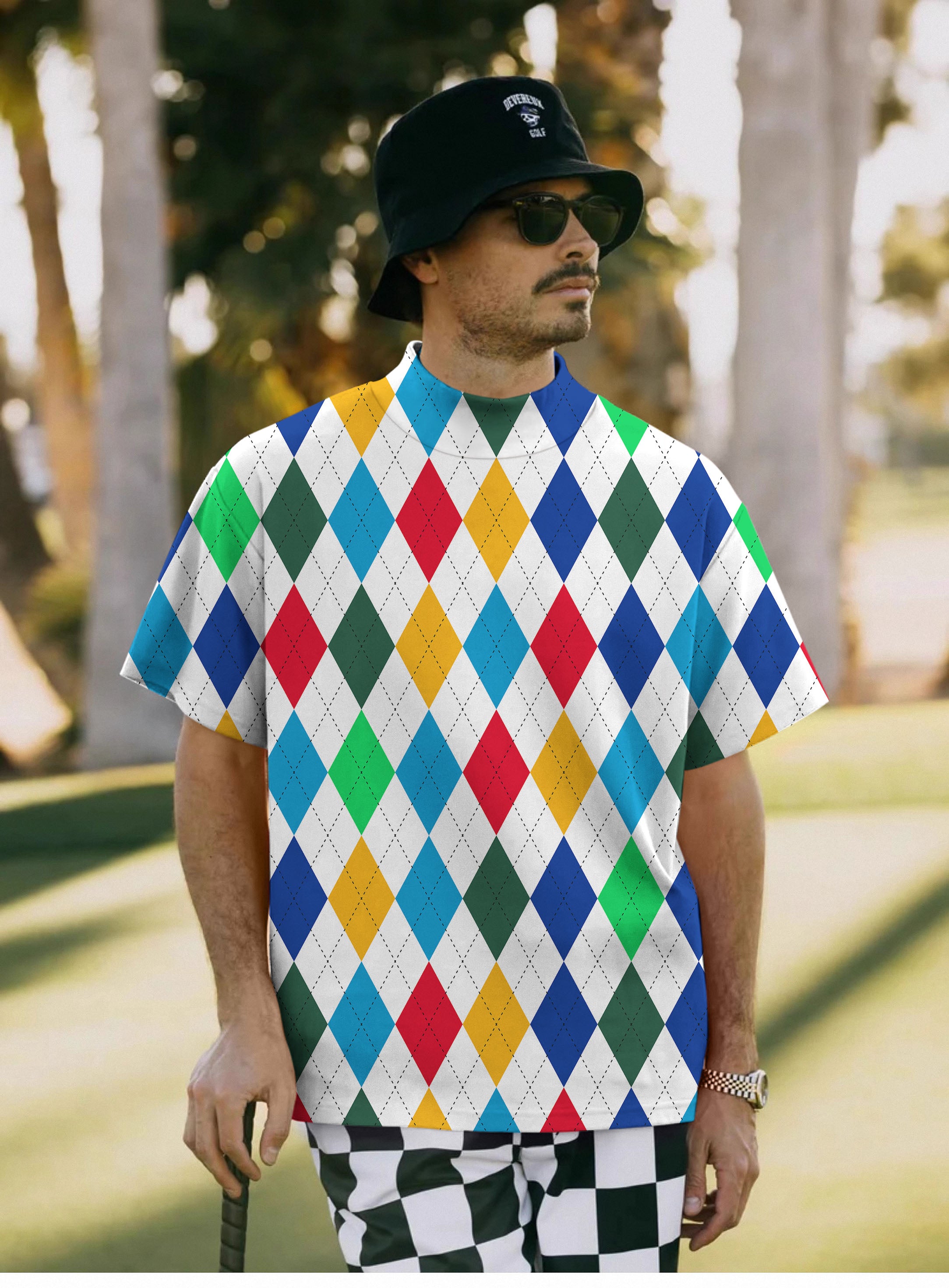Men's Argyle Colorful Pullover High neck Long/Short sleeve T-Shirt