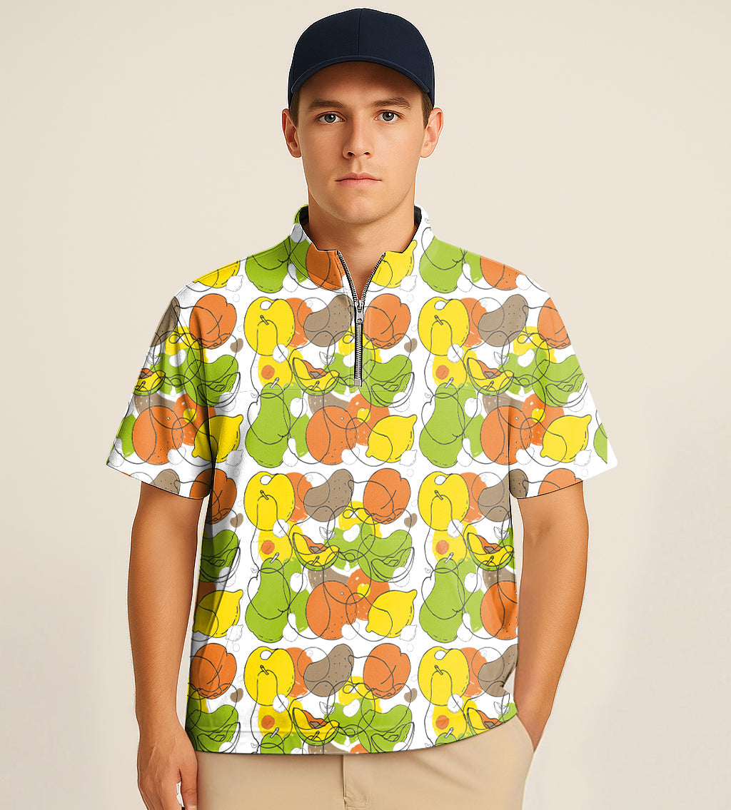 Male model wearing colorful fruit embroidered half zipper turtleneck golf short shirt