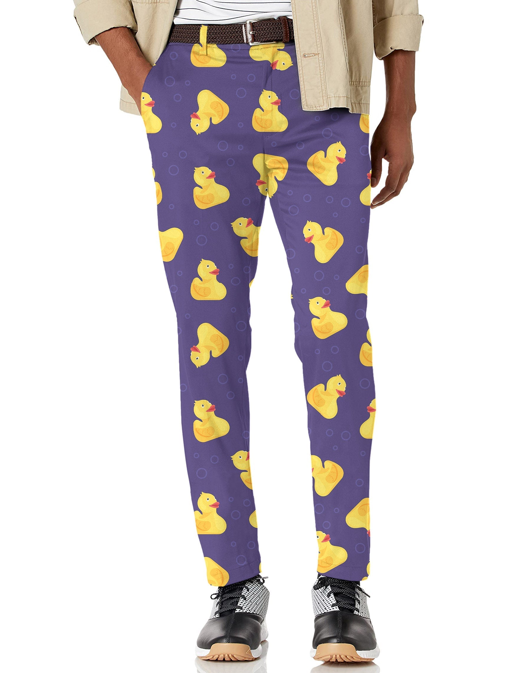 Men's yellow duck stretch golf pants with lightweight, moisture-wicking fabric and shirt-gripping waistband.