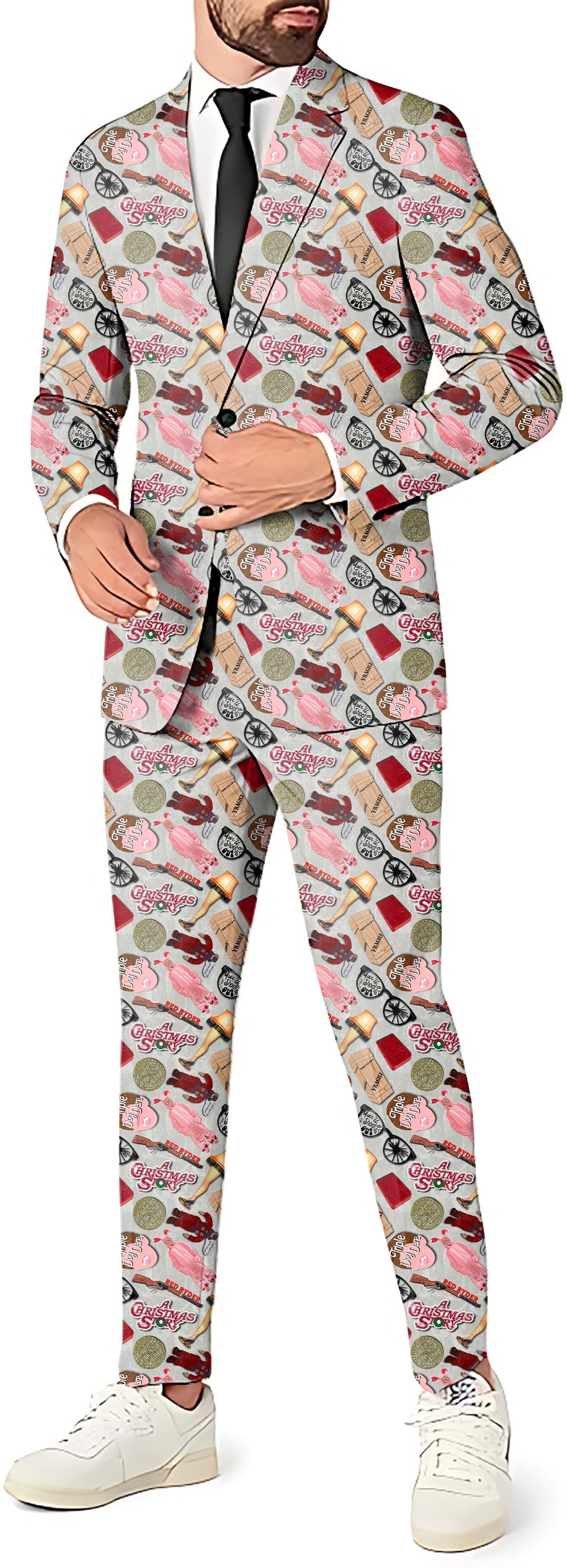 Christmas Story Men's party costume suit with blazer, pants, and vest featuring festive themed print