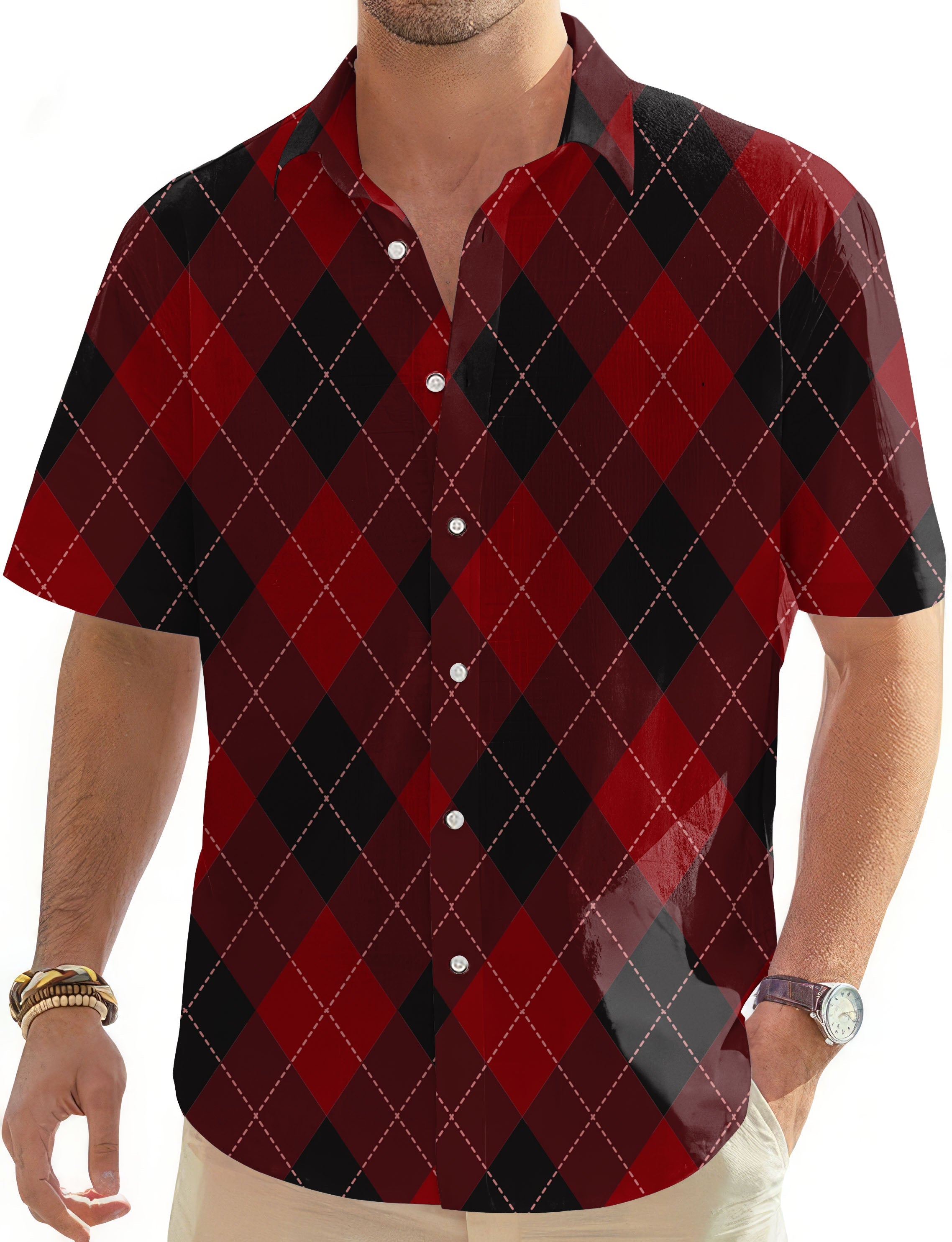 red argyle men's golf Hawaiian button-down shirt with short sleeves and classic collar