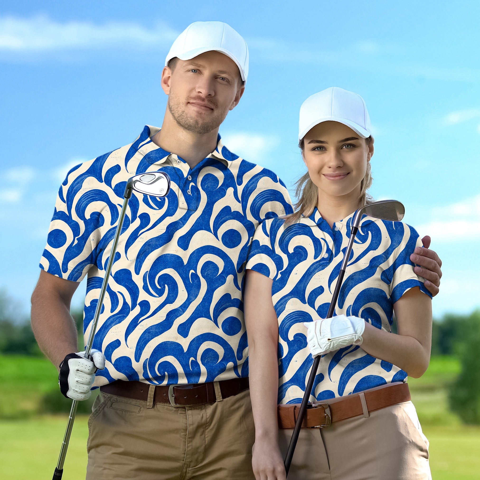 Blue golf polo couple set with wave pattern, moisture-wicking and UPF 40+ protection, perfect for tournaments and business casual golf events