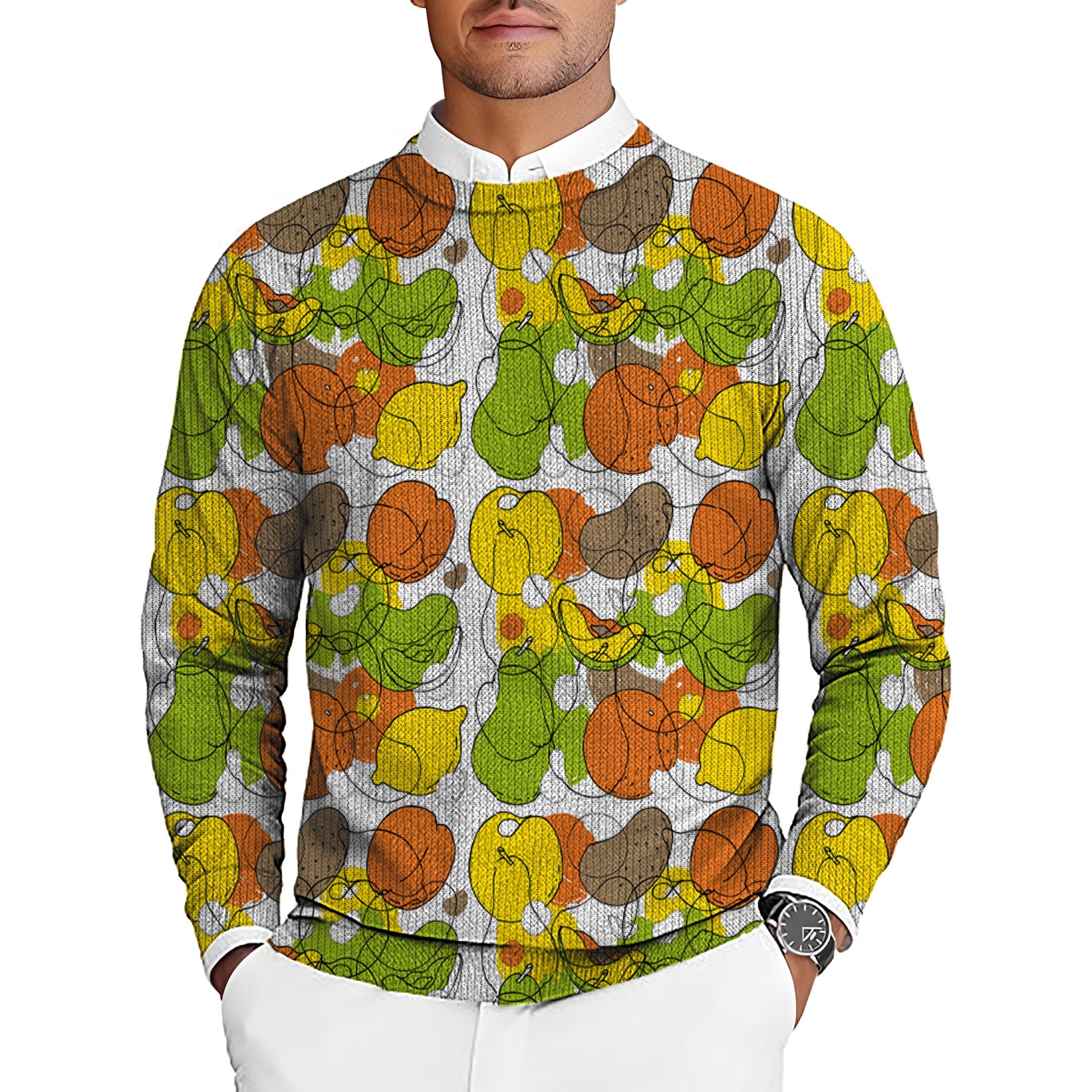 Men's golf crewneck pullover sweater with colorful fruit pattern for custom golf team uniforms