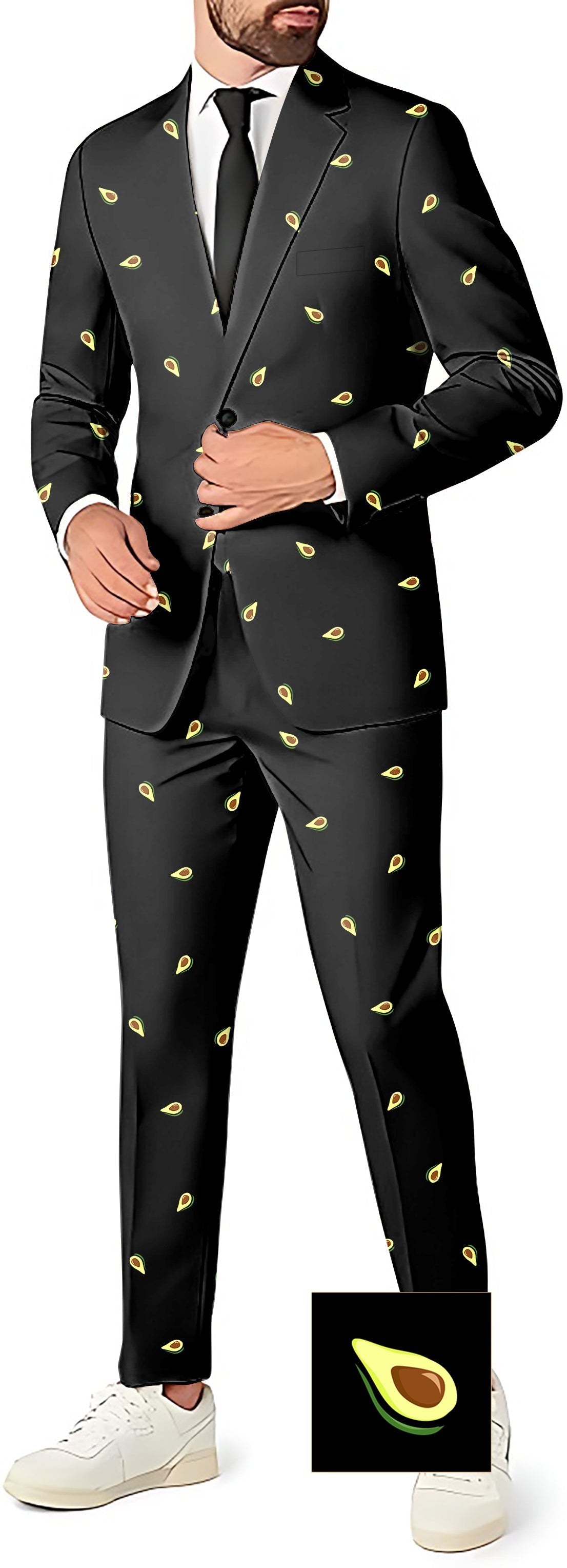 Men's party suit set with avocado print blazer, pants, and vest in custom background color
