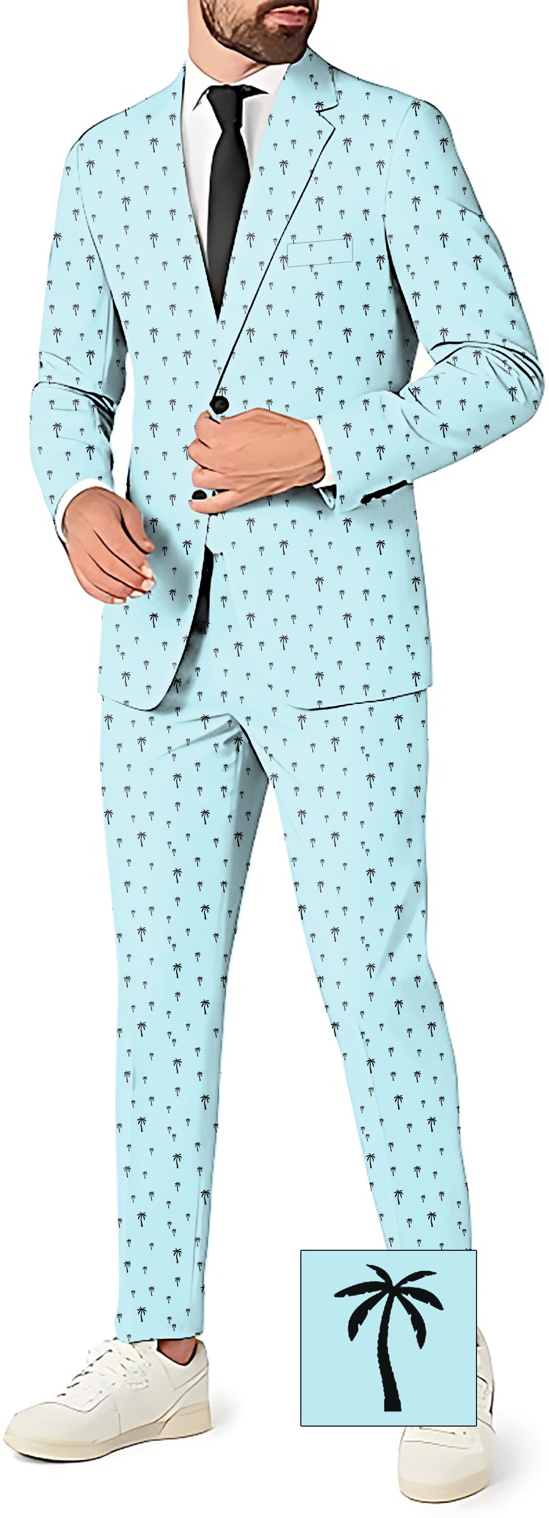 light blue men's party suit with palm tree pattern blazer and pants