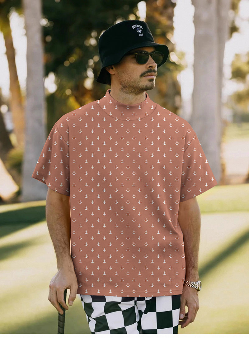 Men's dark orange anchor pullover high neck short sleeve t-shirt model outdoor golf style