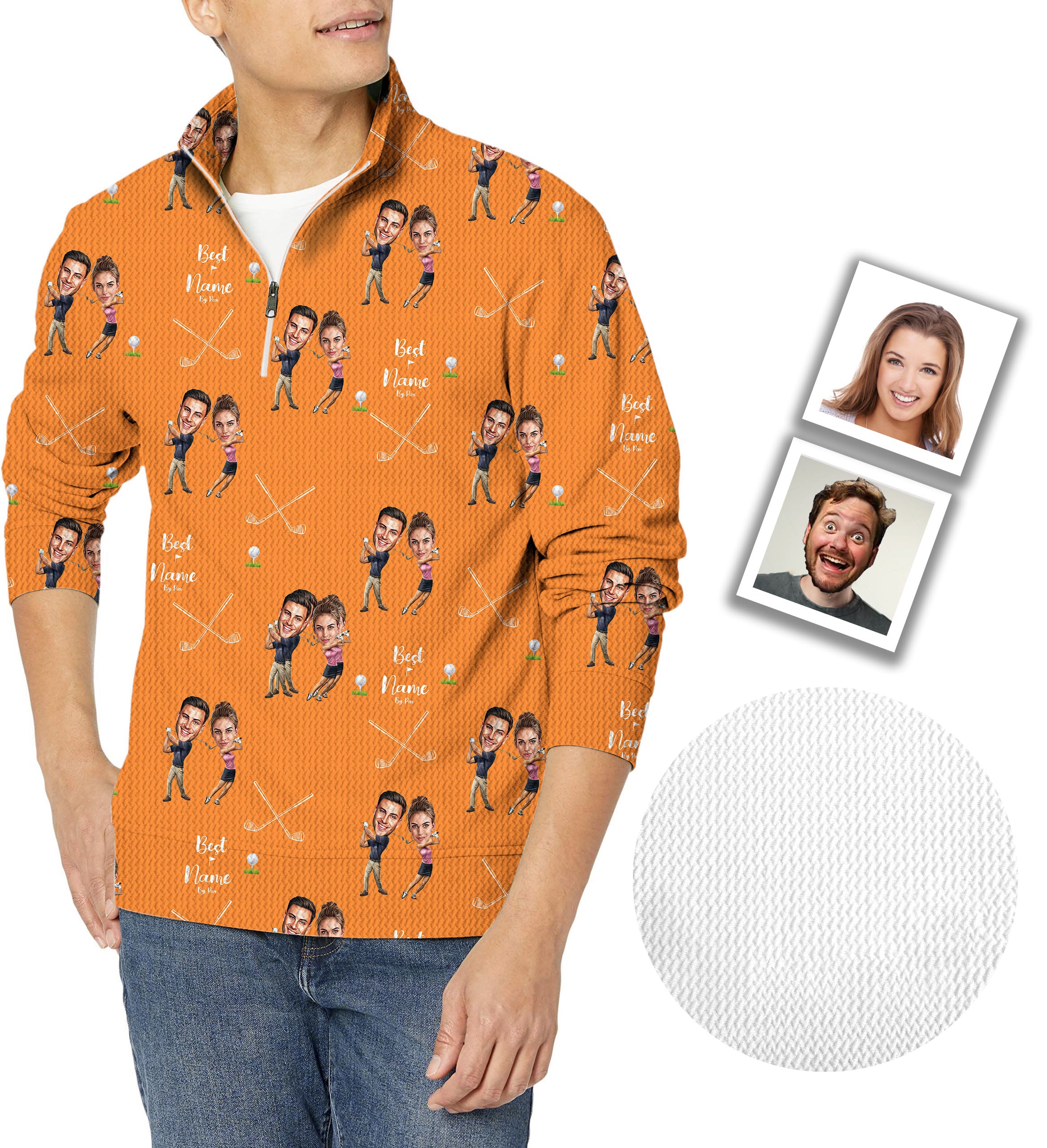 Custom Couple Photo Face & Name-Men's Golf Waffle Zipper Pullover