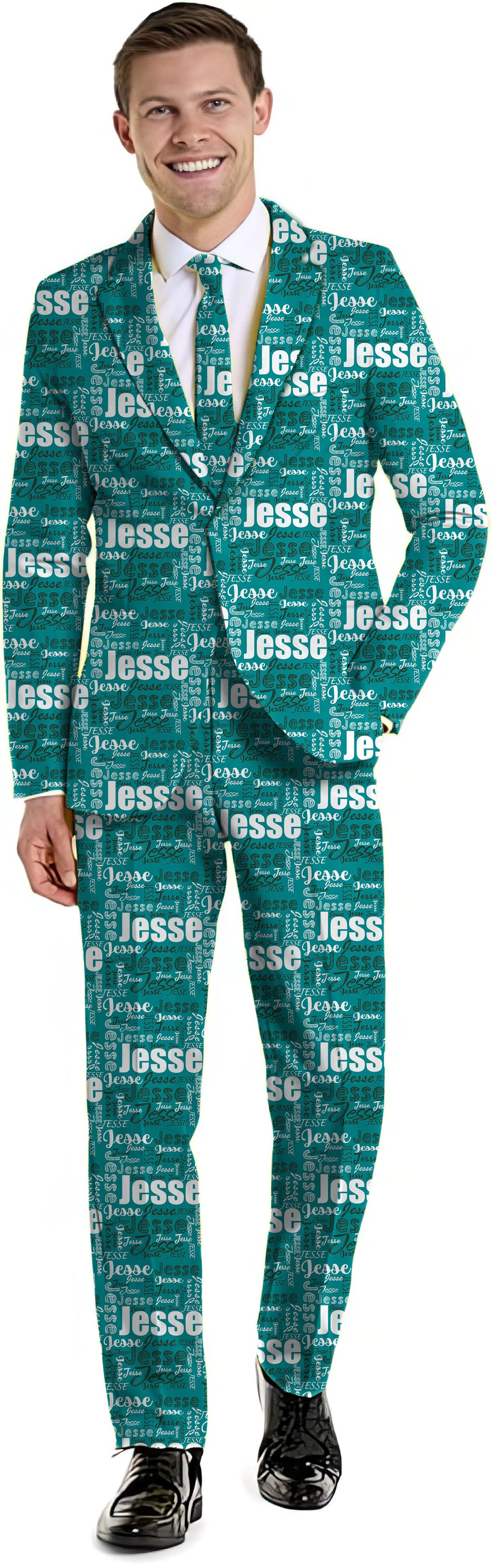 teal men's custom name party suit with blazer, pants, and vest