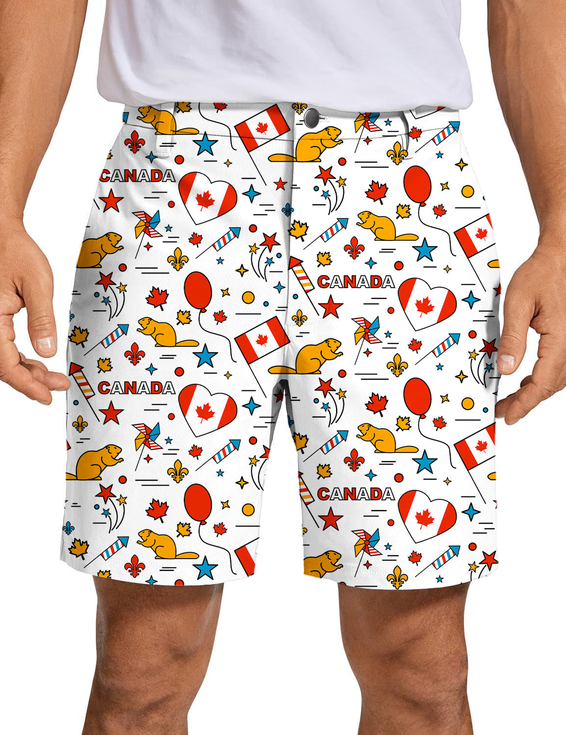 Men's Canadian Balloon Squirrel golf shorts with maple leaf and squirrel print, quick dry and lightweight fabric