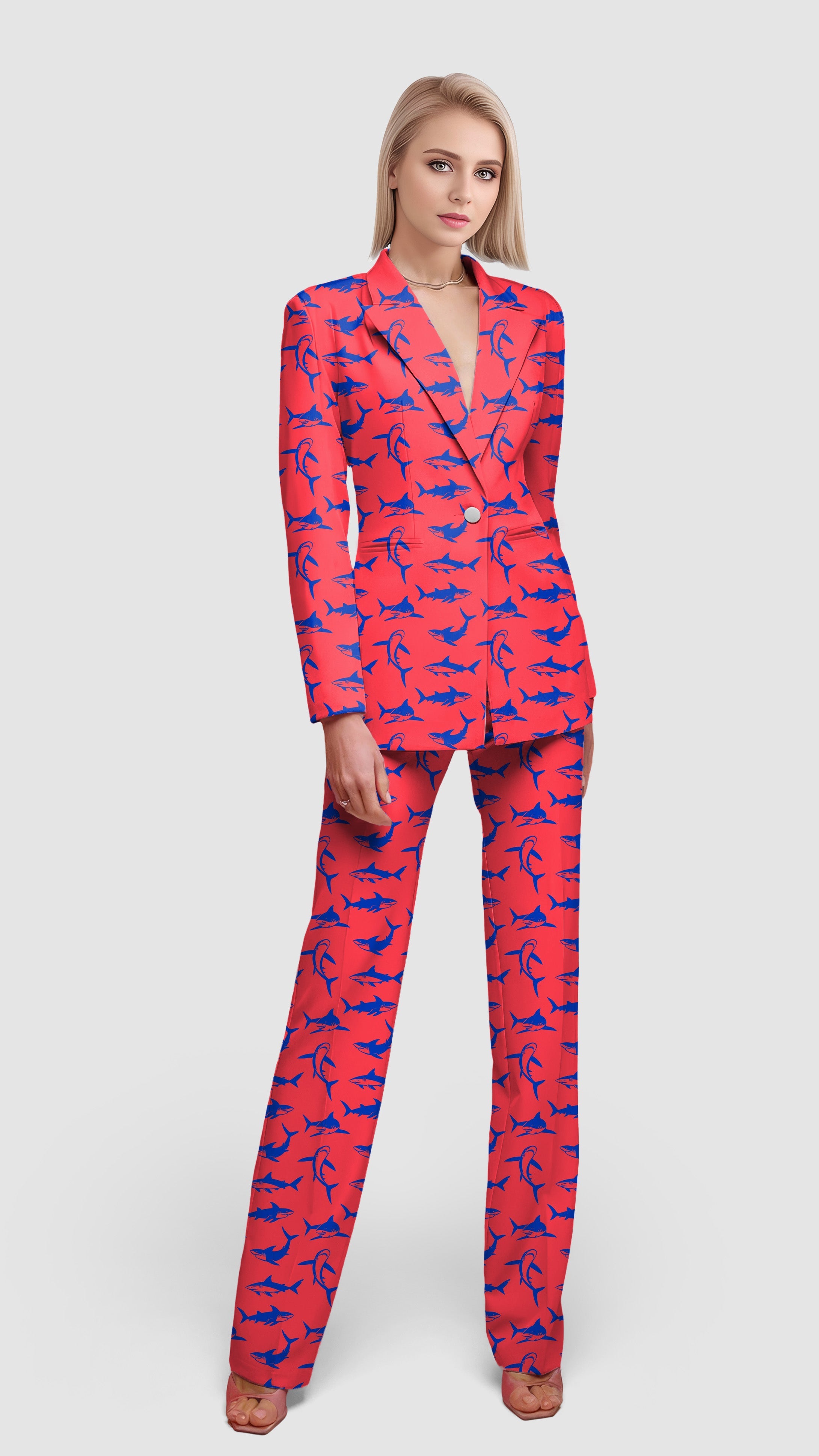 Under Water Frenzy women's blazer suit set with lapel collar and shark print fashion office wear
