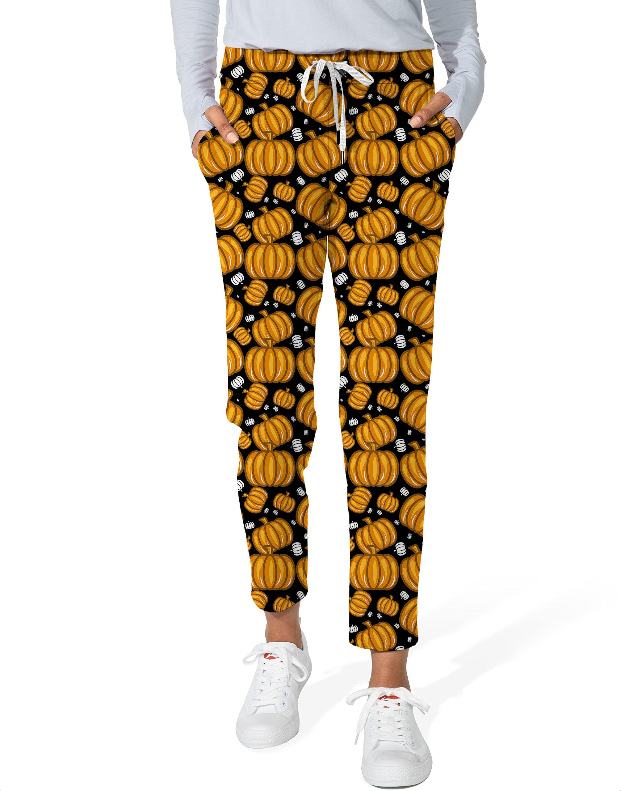 Women's Halloween Pumpkin Family stretch ankle golf pants with orange pumpkin pattern