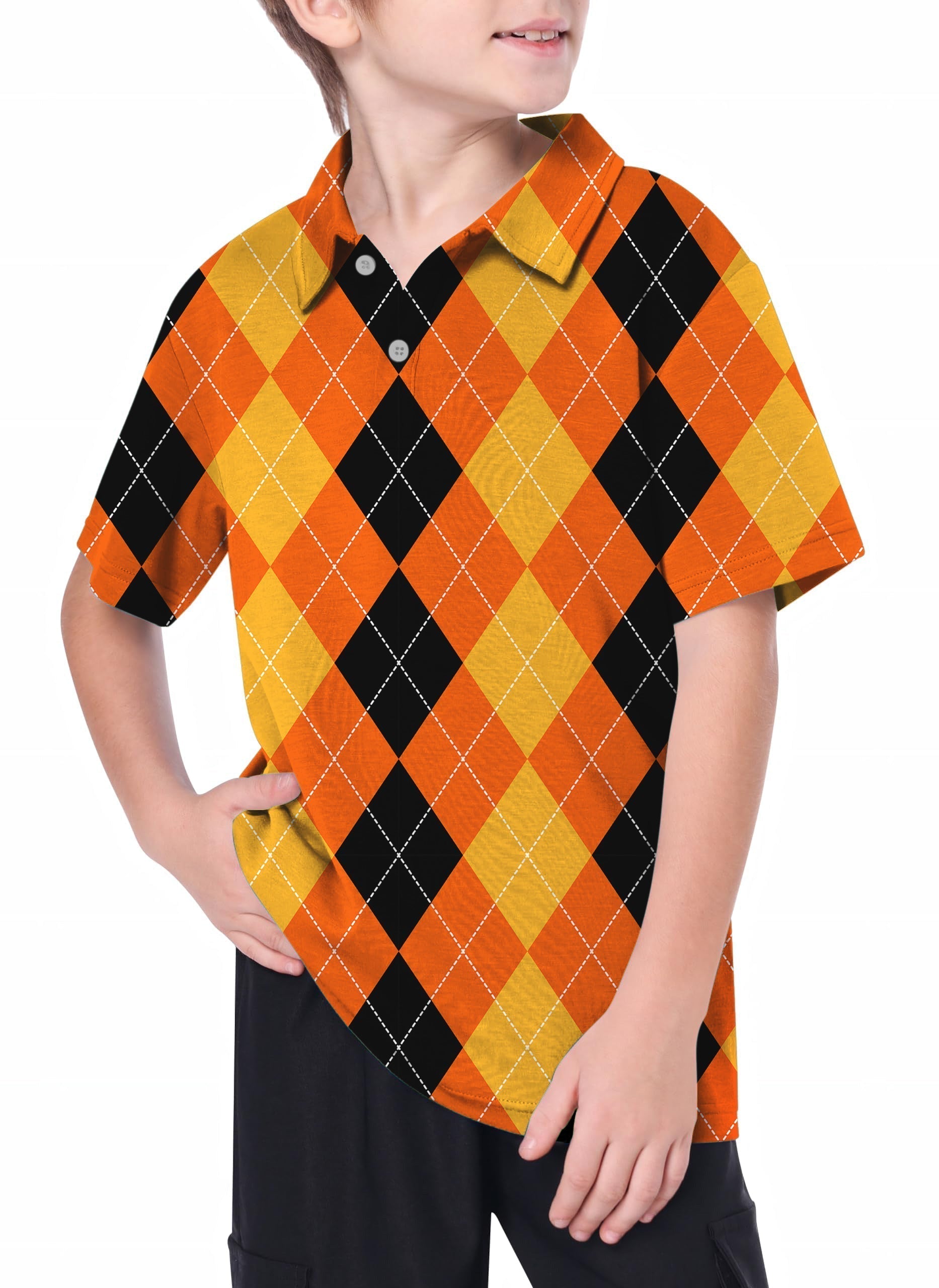 Youth golf polo with black, yellow, and orange argyle pattern for Halloween