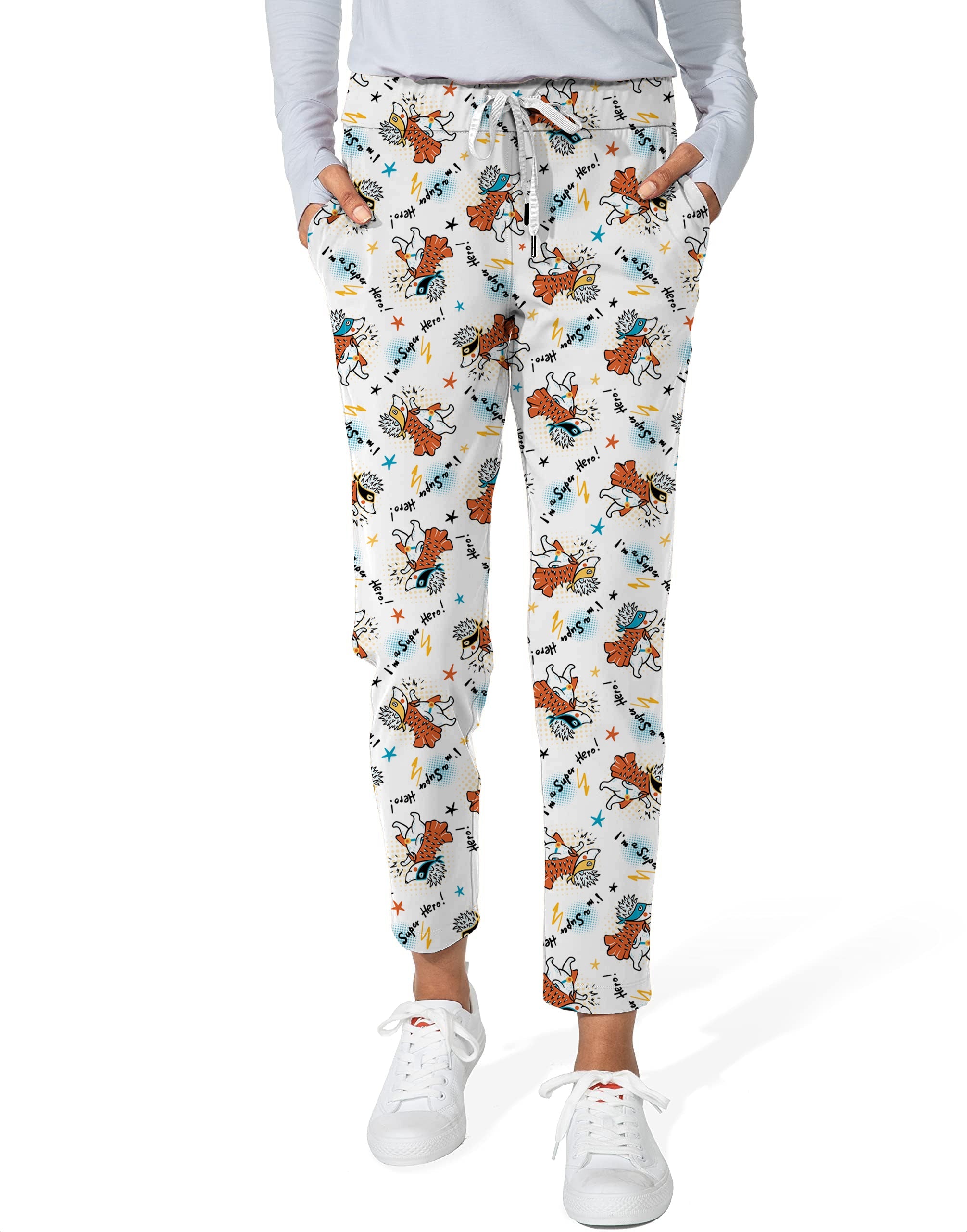 Women's 7/8 stretch ankle golf pants with Handsome Hedgehog print and drawstring waist