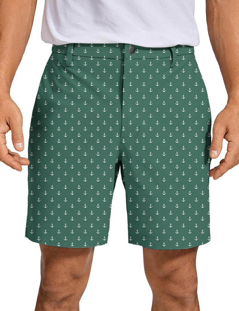Men's green anchor golf shorts with quick-dry, breathable fabric and personalized pattern design