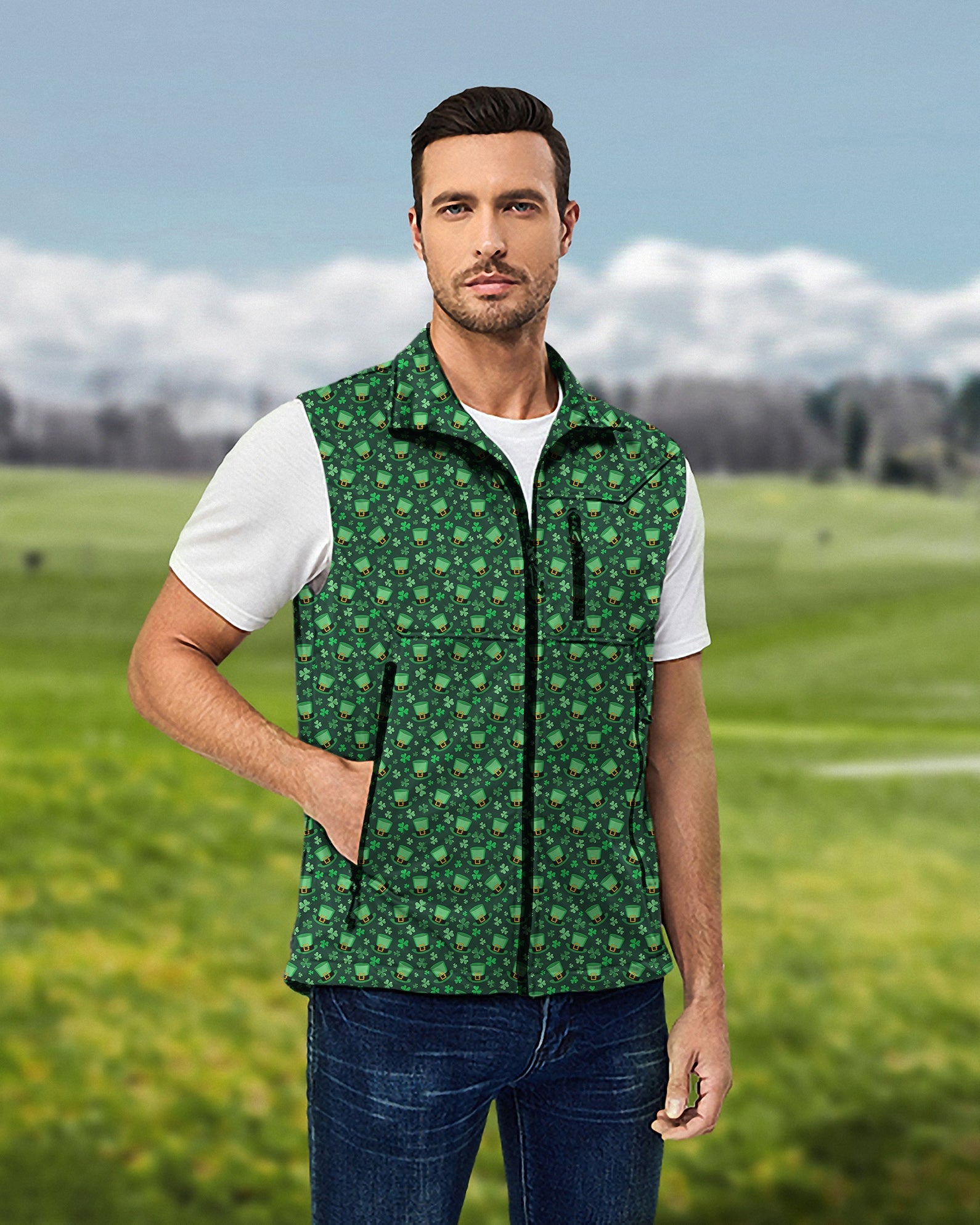 Men's St. Patrick's Day lightweight softshell vest sleeveless jacket with clover leaf design, windproof and waterproof for golf.