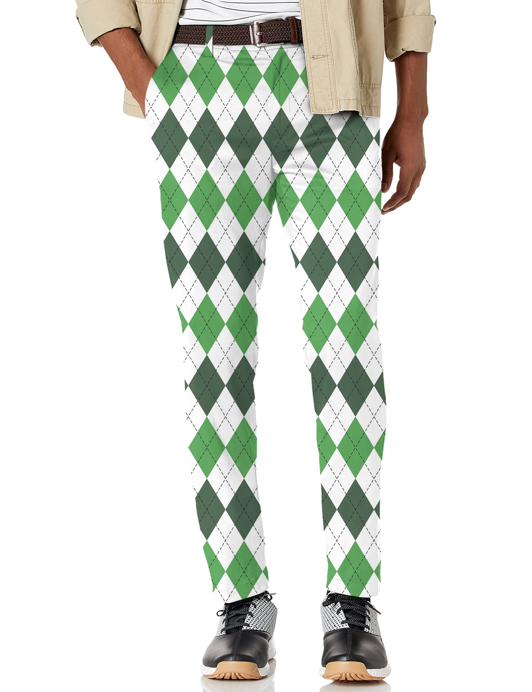 Men's St. Patrick's Day argyle plaid stretch golf pants in green and white, moisture-wicking performance fabric.