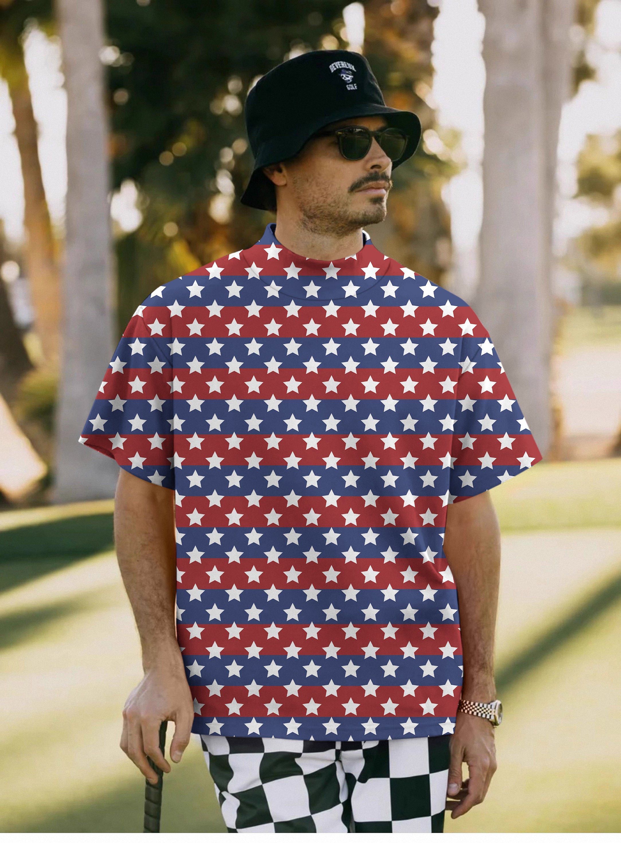 Men's US Flag Stars Pullover High neck Long/Short sleeve T-Shirt