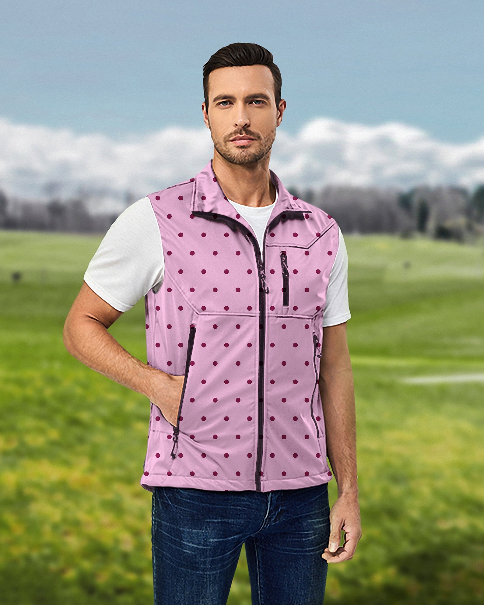 Men's Pink Polka Dots Lightweight Softshell Vest Sleeveless Jacket for Golf Windproof Waterproof