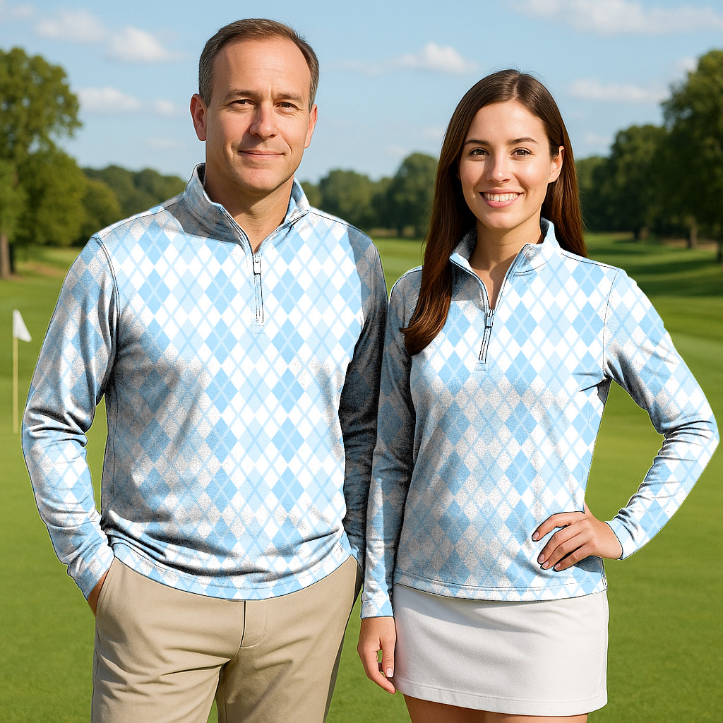 Argyle bule grid Couple Golf Active 3/4 Zip Top Long Sleeves