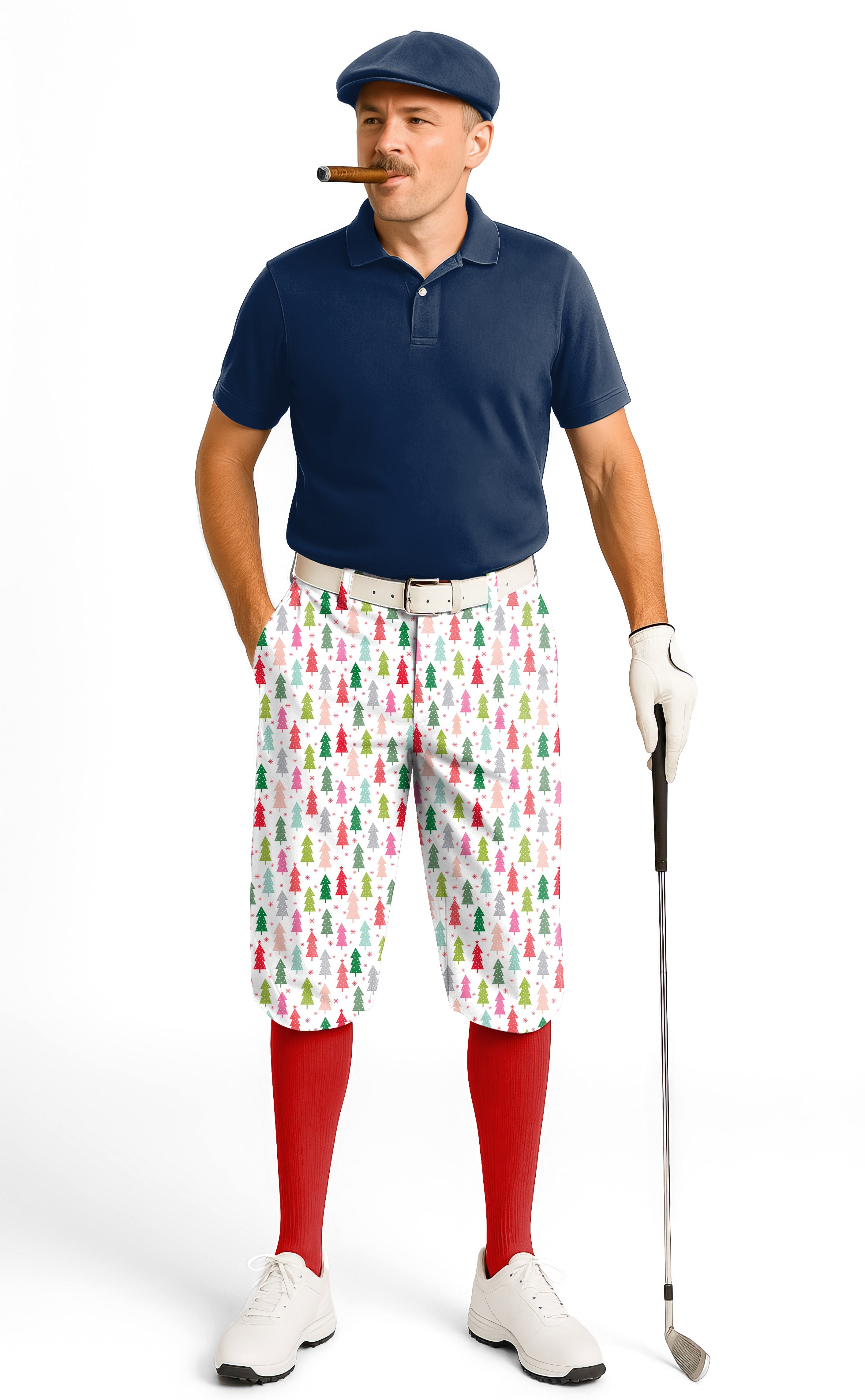 Men's golf knickers with colorful Christmas tree pattern, lightweight and wrinkle-resistant fabric, adjustable waist and snug ankle cuffs.