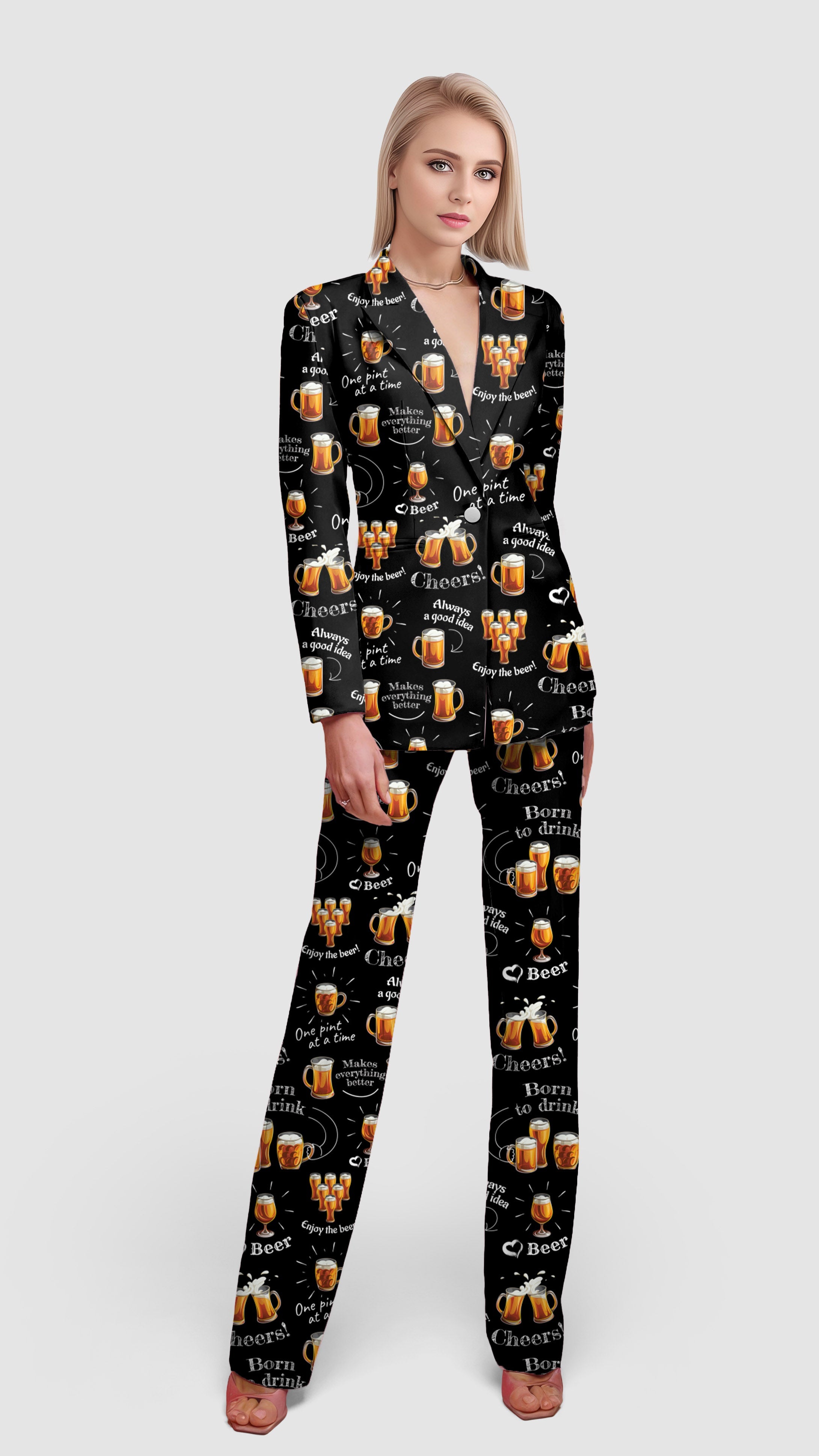cheer beer women's blazer suit with beer-themed print for casual and office wear