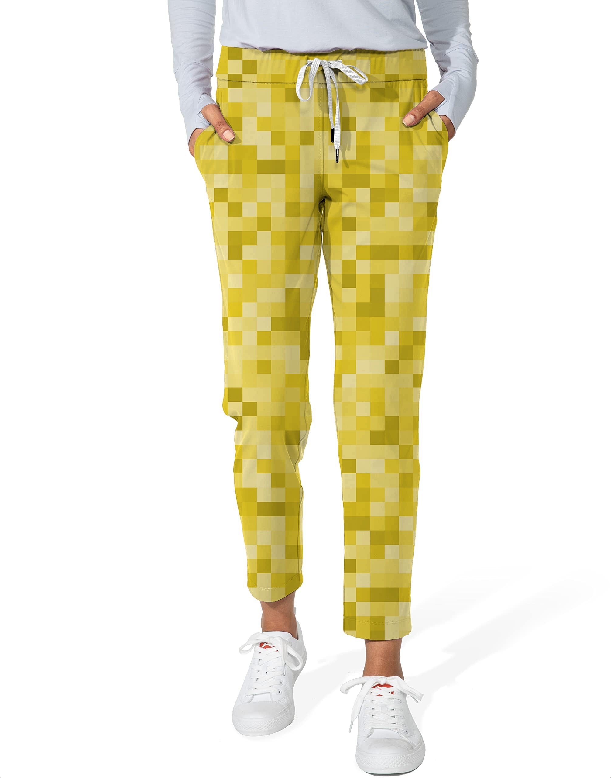 Yellow pixel big women's 7/8 stretch ankle golf pants with drawstring waist