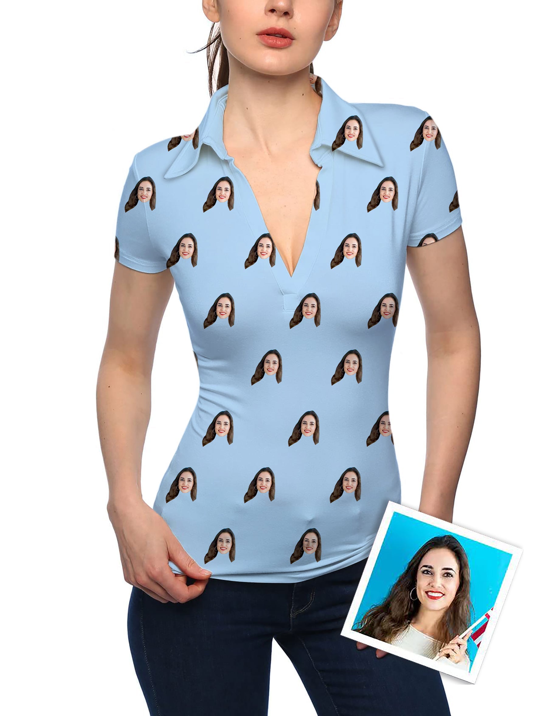 Women's custom photo funny face V neck golf polo shirt with stand collar and short sleeves