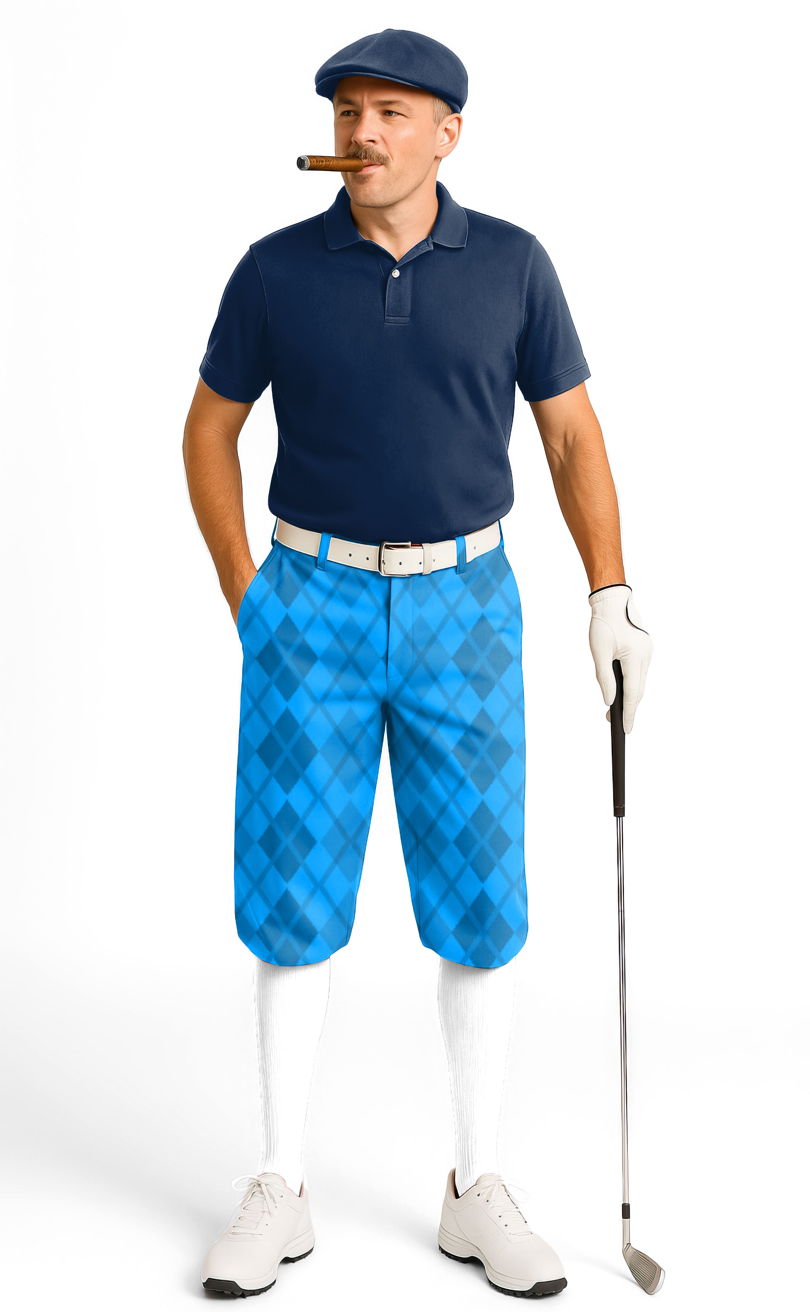 Man wearing Argyle Blue grid men's golf knickers with ankle cuffs and blue polo shirt holding golf club
