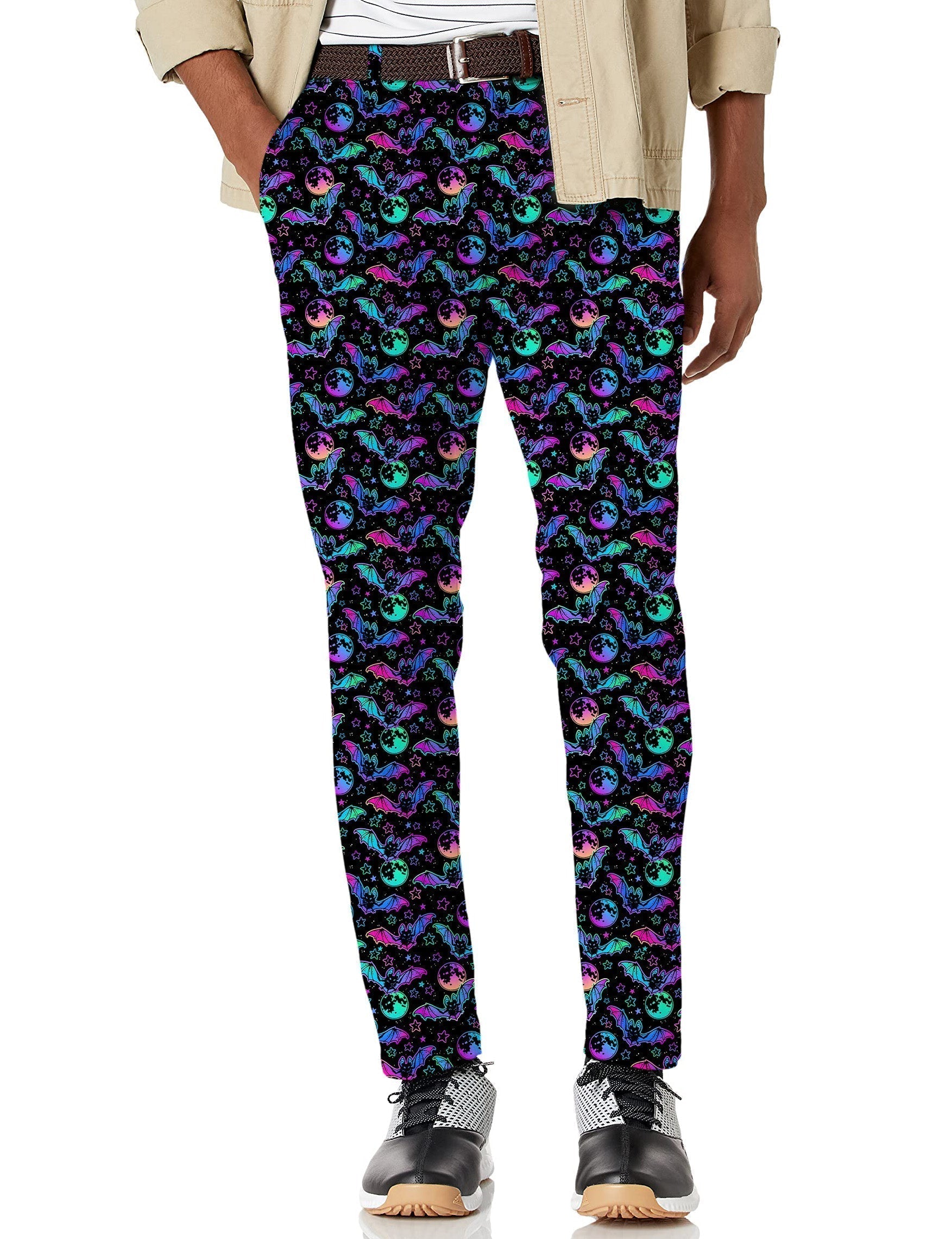 Men's Halloween Bat Moon stretch golf pants with moisture-wicking fabric and bat moon pattern