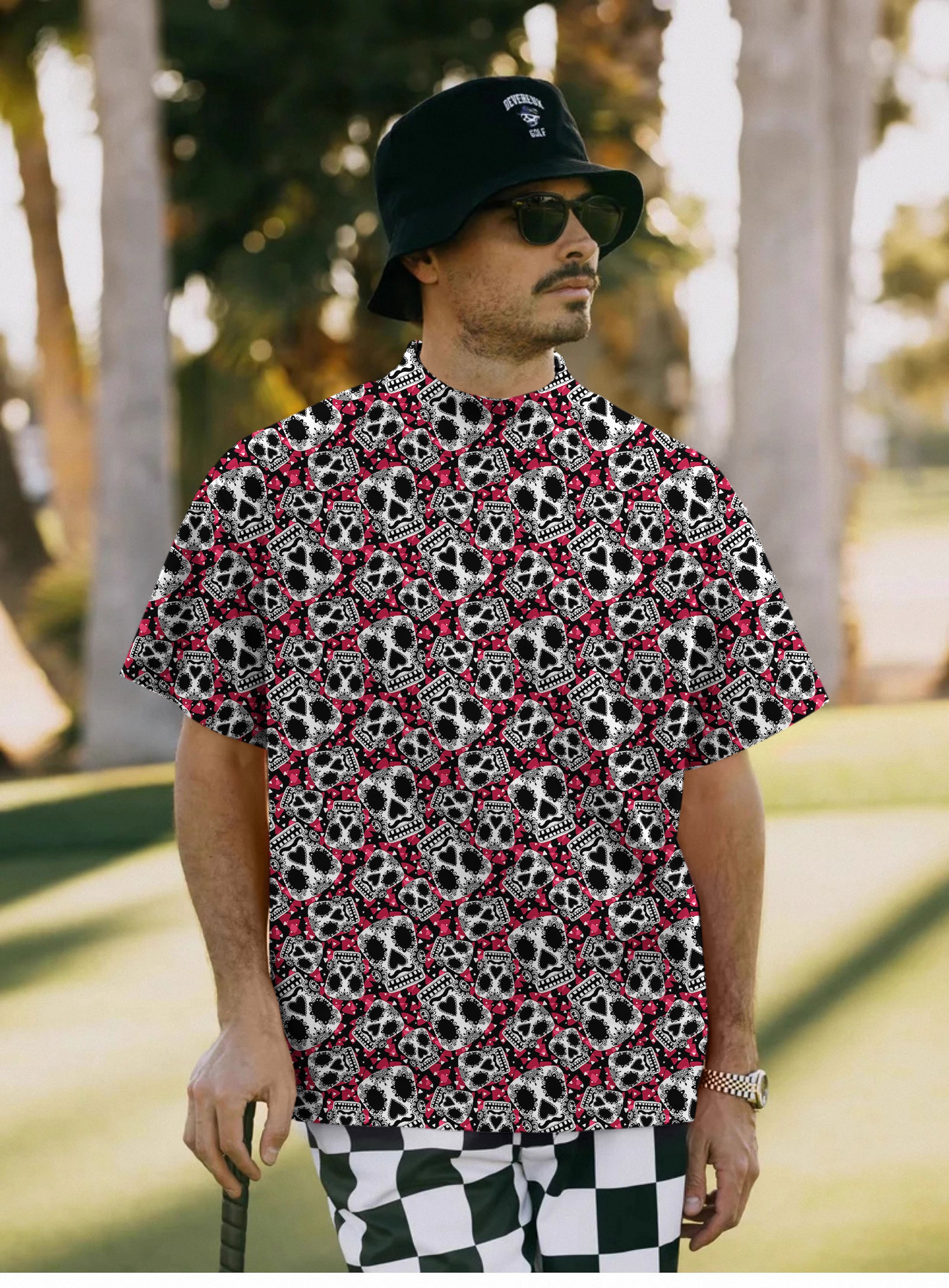 Men's Sugar Skull Pattern Mock Neck Long/Short Sleeve Golf Tops