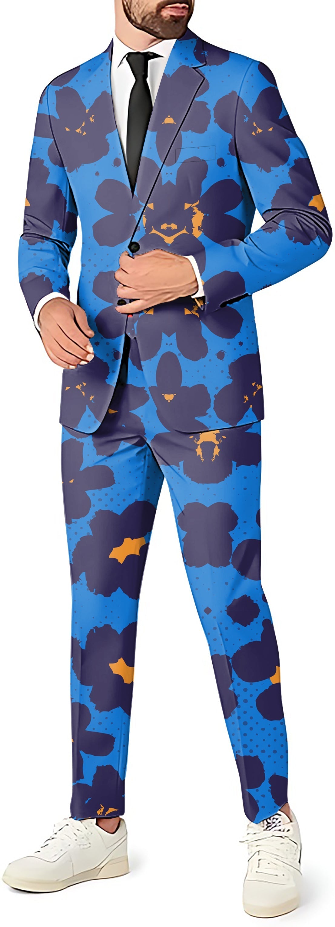 Hawaiian Dreams men's blue floral blazer, vest, and pants party suit set with slim fit and button closure
