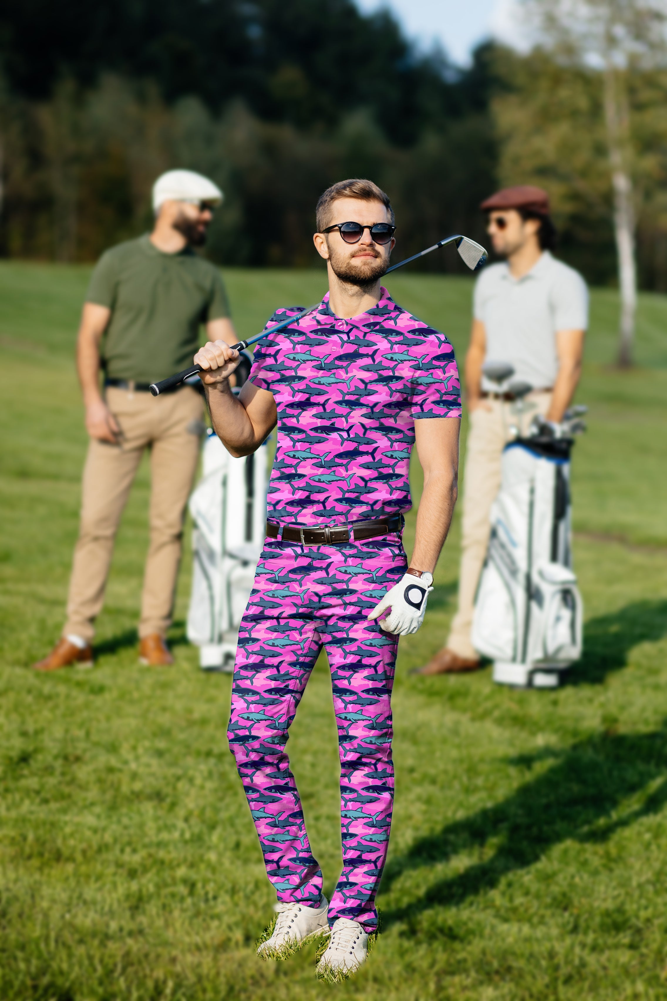 Men's Golf Set Polo+Pants Electric Sharks Pink polo