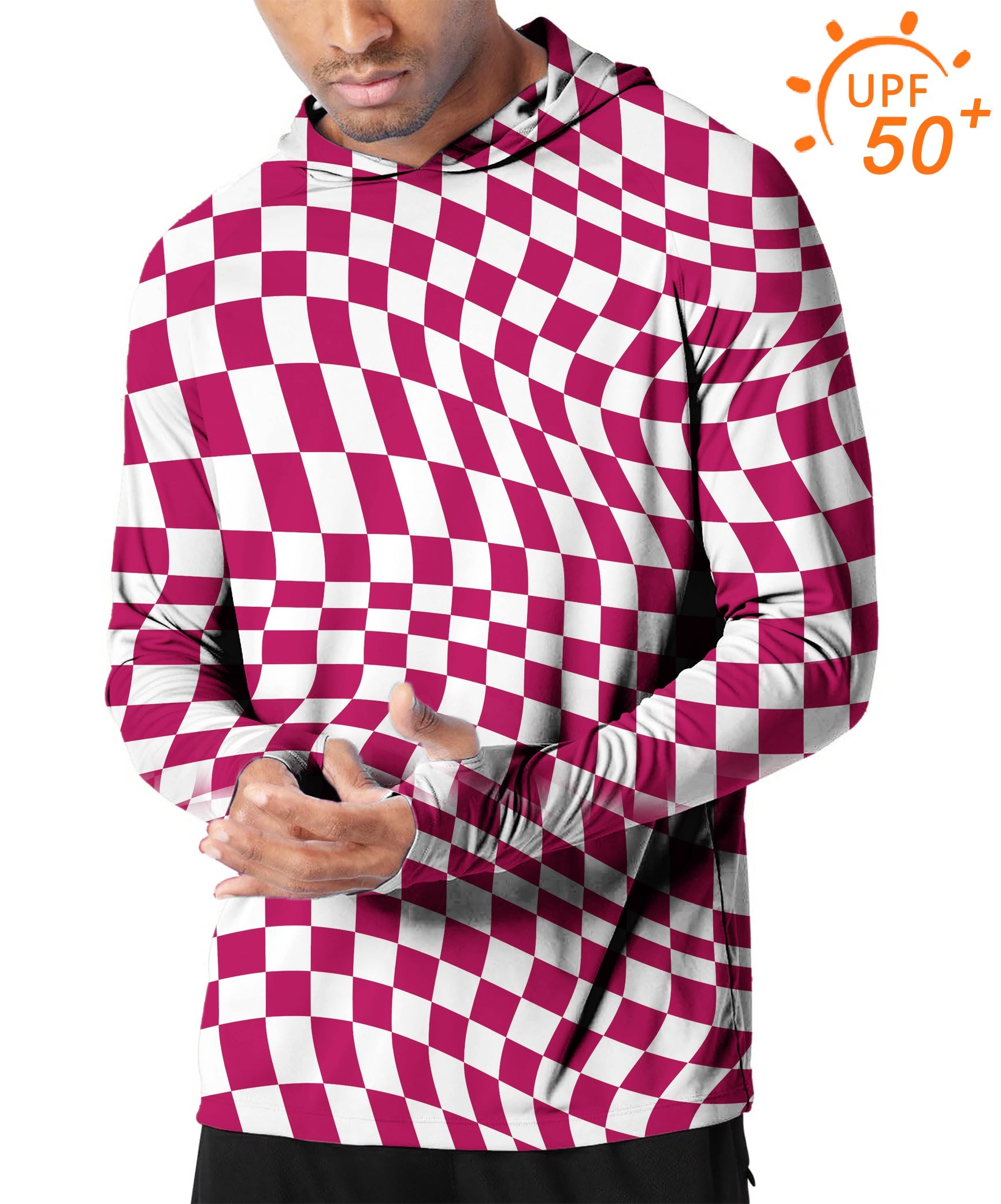 Men's outdoor slim fit hooded sun protection shirt with distorted space checkered design and UPF 50+ UV protection