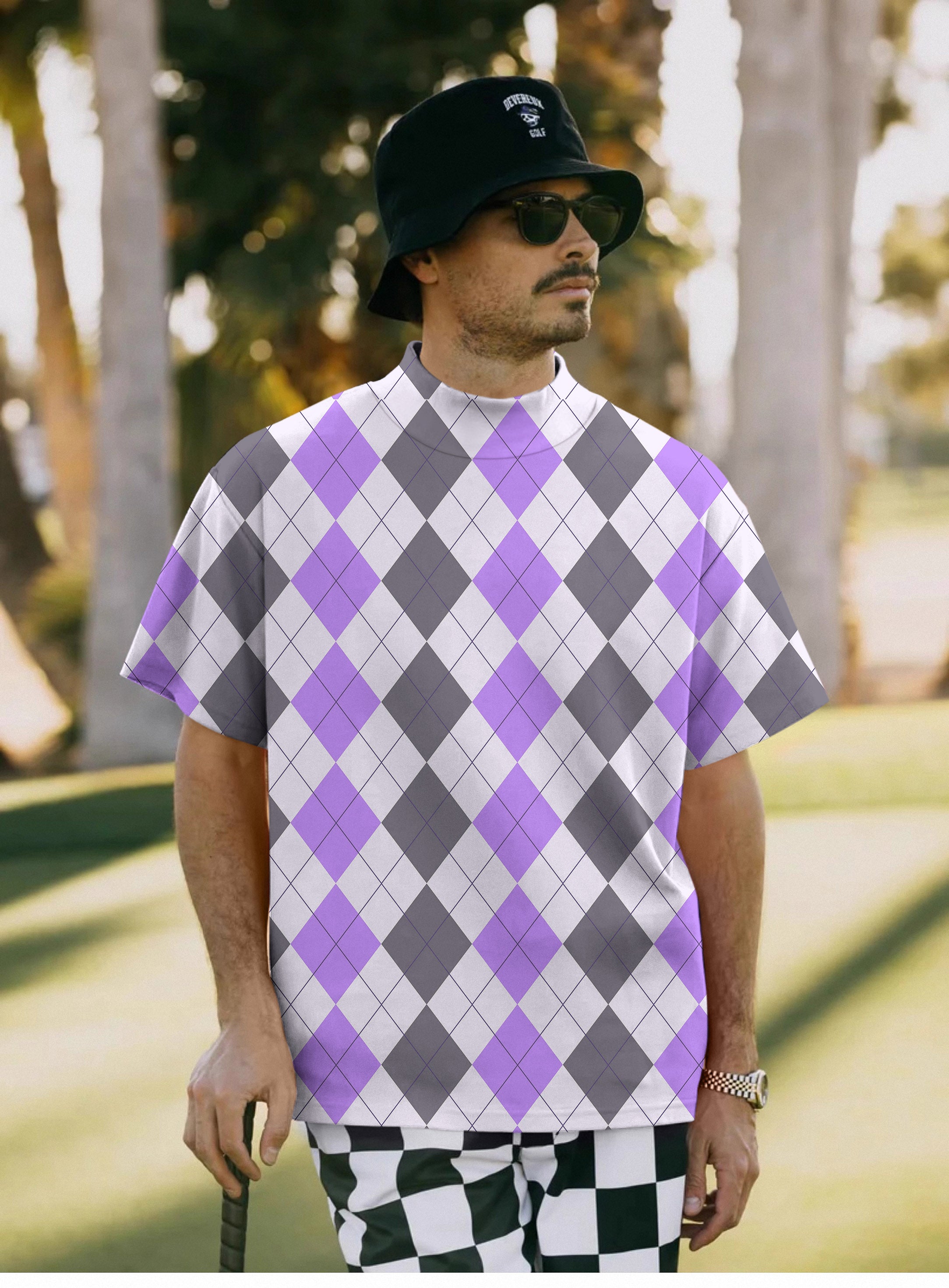 Men's Purple grey Argyle Pullover High neck Long/Short sleeve T-Shirt