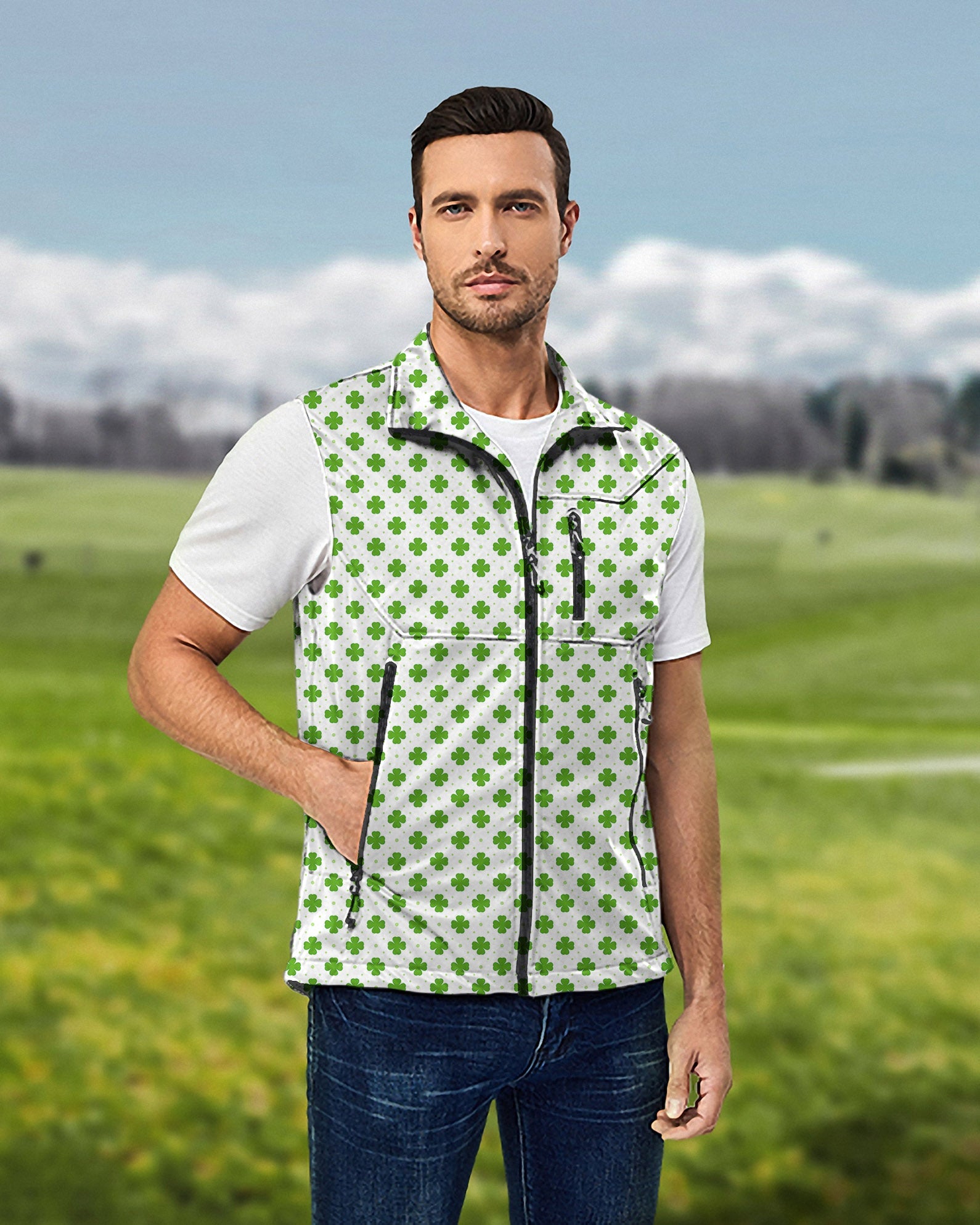 Men's leaf clover sleeveless softshell vest for St. Patrick's Day golf, windproof and waterproof