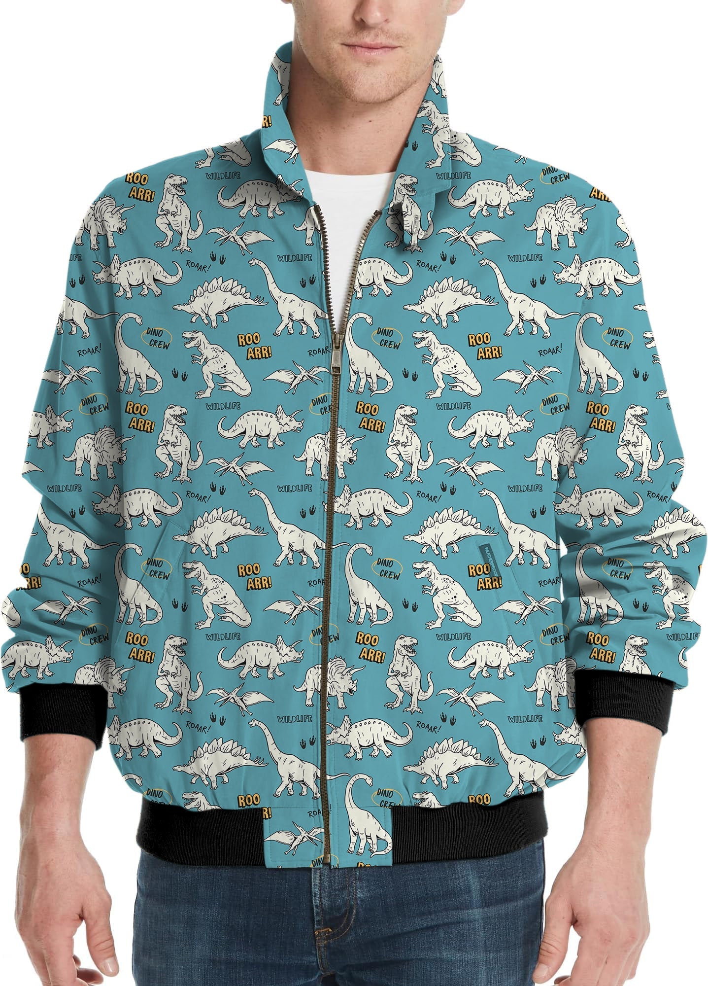 Men's Dinosaurs rawr golf windbreaker jacket with zipper and elastic waist in blue with dinosaur print
