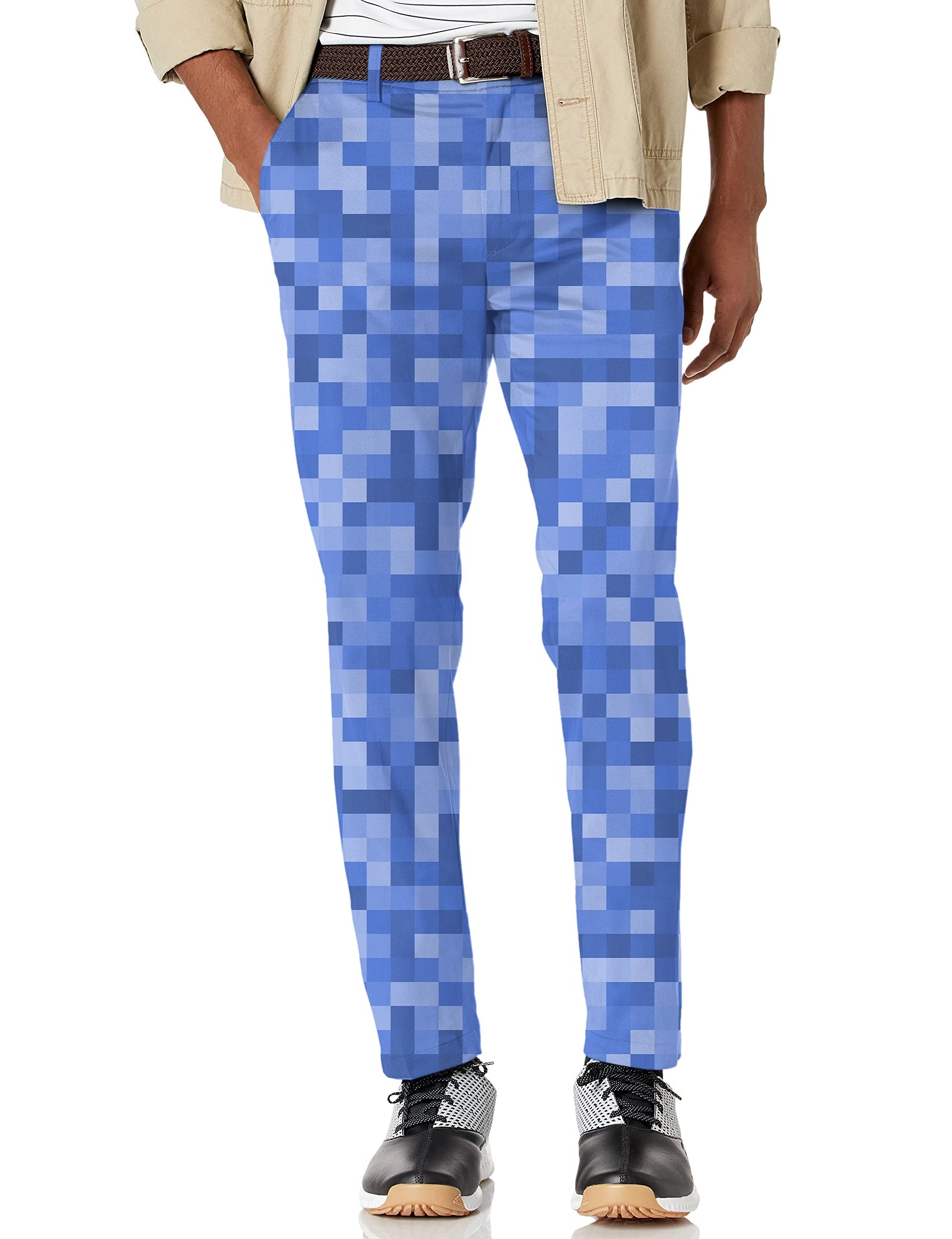 Men's navy blue pixel pattern stretch golf pants with moisture-wicking fabric and active waistband