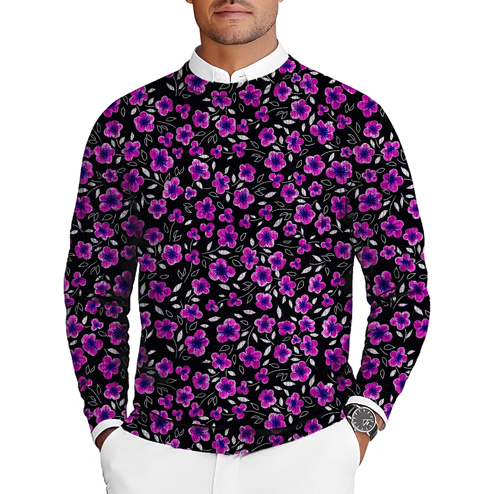 Men's golf crewneck pullover sweater with purple floral pattern on black background
