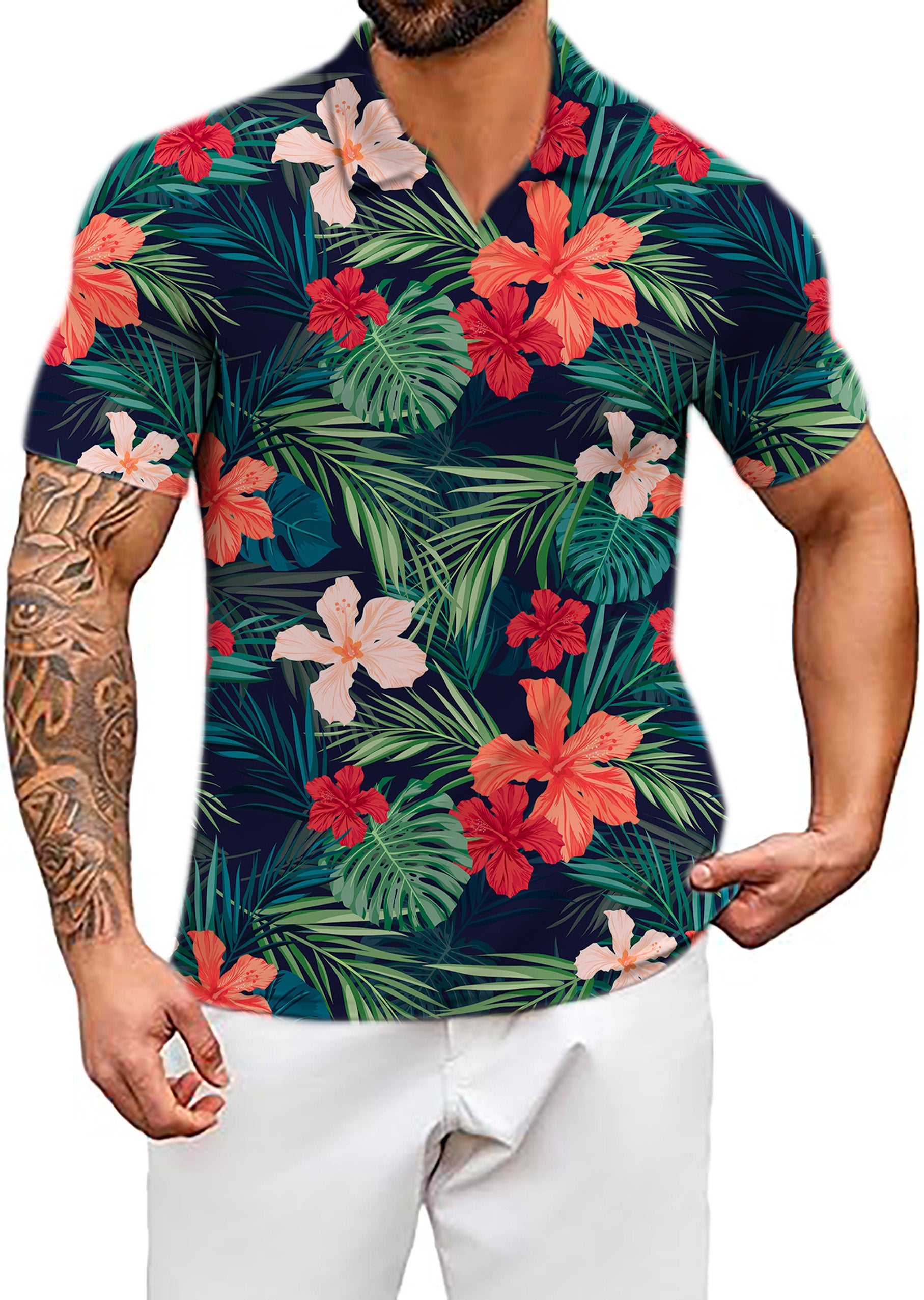 Men's Jungle Hibiscus V Neck Golf Polo Shirts